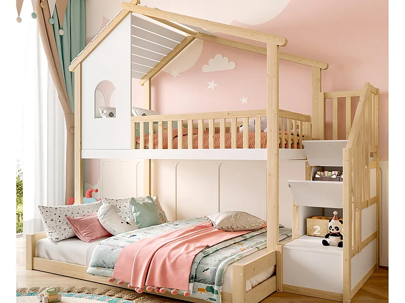 Lit superposé 90x200cm+140x200cm - Barrières de sécurité - Avec échelle de rangement - Naturel + Blanc (sans matelas)