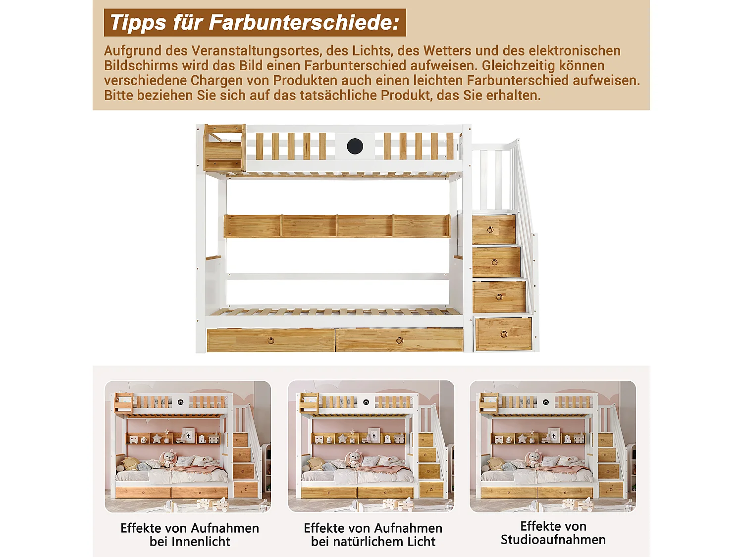 Lit superposé avec rangement, échelle, garde-corps, 4 compartiments rangement, pin massif + MDF, blanc + naturel (254x128.5x148 cm)