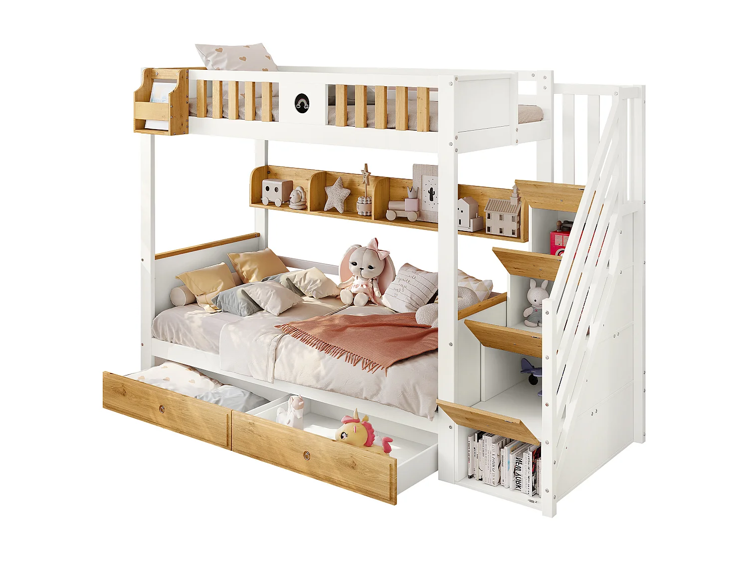 Lit superposé avec rangement, échelle, garde-corps, 4 compartiments rangement, pin massif + MDF, blanc + naturel (254x128.5x148 cm)