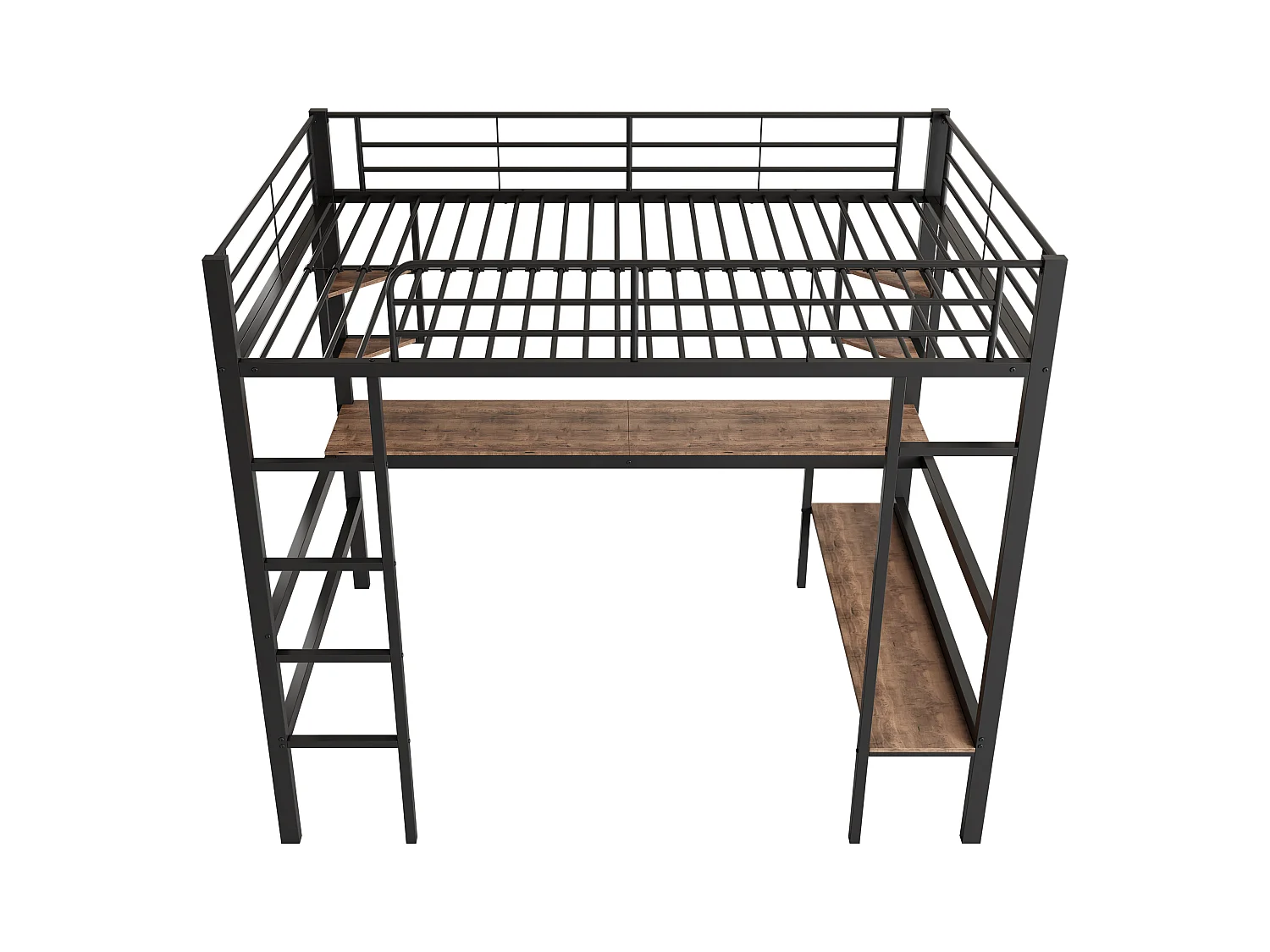 Lit Superposé 90x200 cm, Lit Métallique avec Bureau et Étagères, Design Moderne, Métal, Noir (204.5x95x180.5 cm)