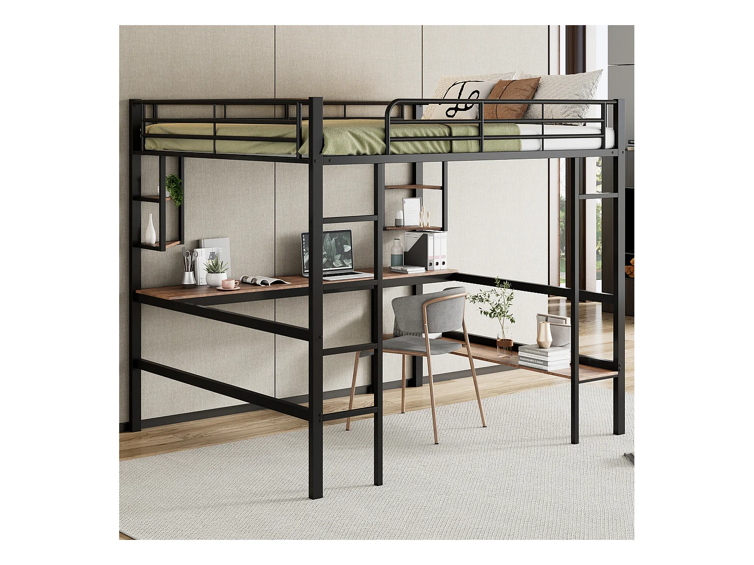 Stapelbed 140x200 cm met bureau en planken, metalen design, zwart (204,5x145x180 cm)