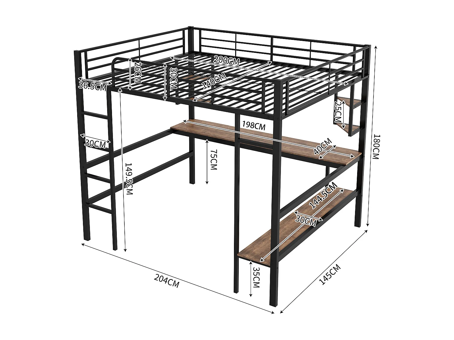 Lit superposé 140x200 cm avec bureau et étagères, design métallique, noir (204.5x145x180 cm)