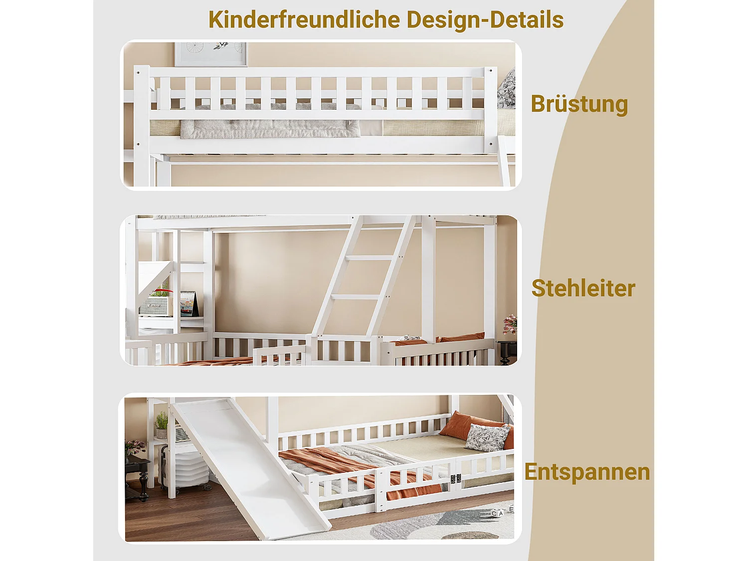 Litera de 90x200 cm y 140x200 cm con barandilla, tobogán, estantes y pequeña puerta escamoteable, color blanco, estructura de pino (242x163x159 cm) Producto