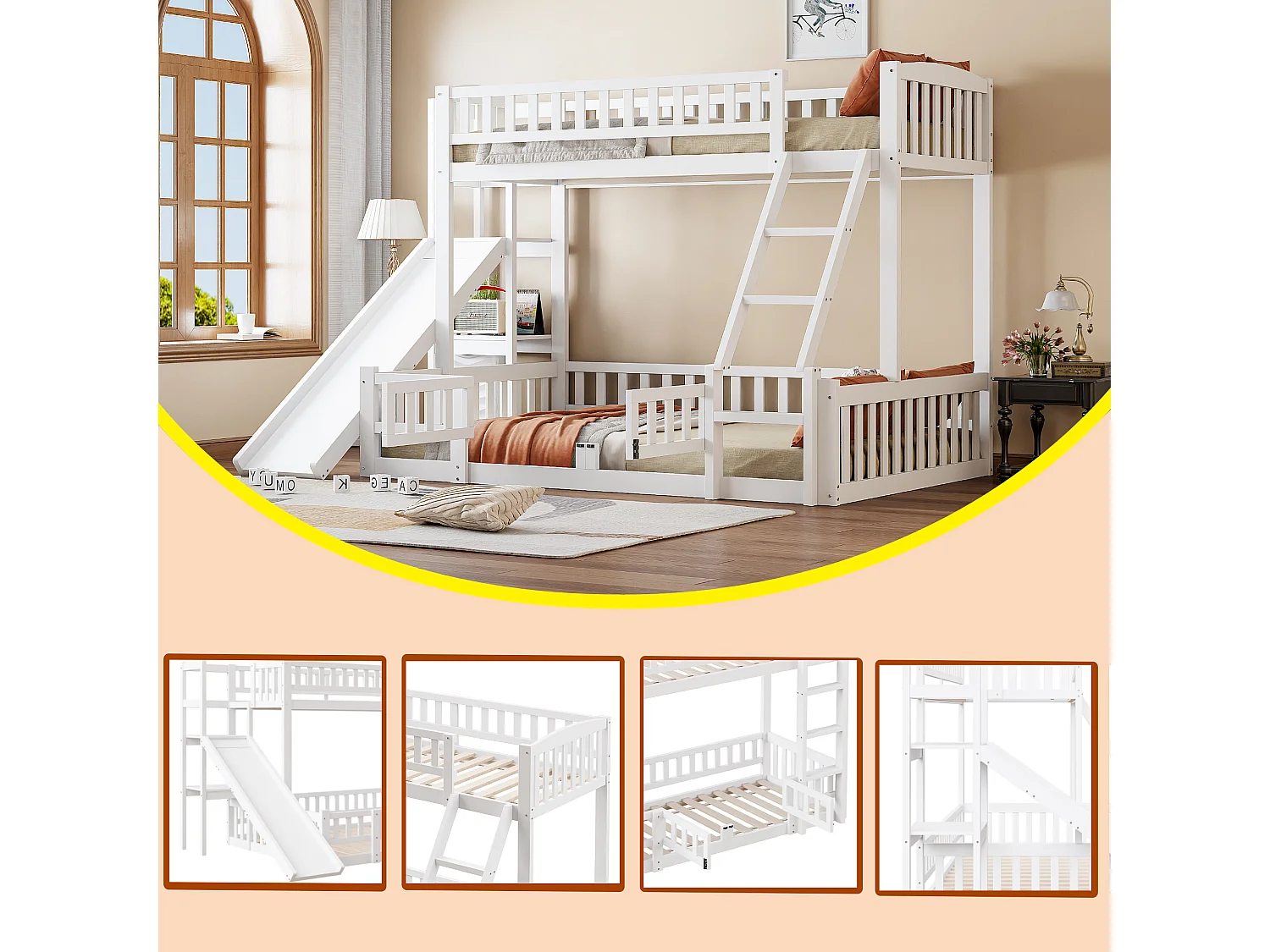 Litera de 90x200 cm y 140x200 cm con barandilla, tobogán, estantes y pequeña puerta escamoteable, color blanco, estructura de pino (242x163x159 cm) Producto