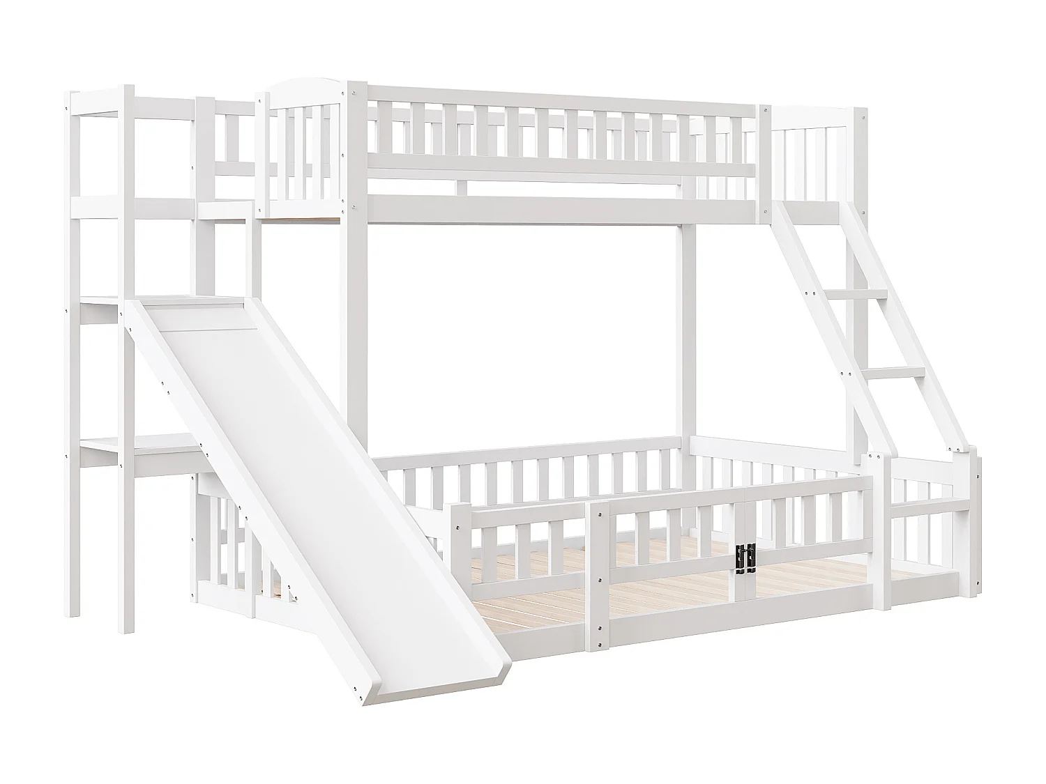 Litera de 90x200 cm y 140x200 cm con barandilla, tobogán, estantes y pequeña puerta escamoteable, color blanco, estructura de pino (242x163x159 cm) Producto