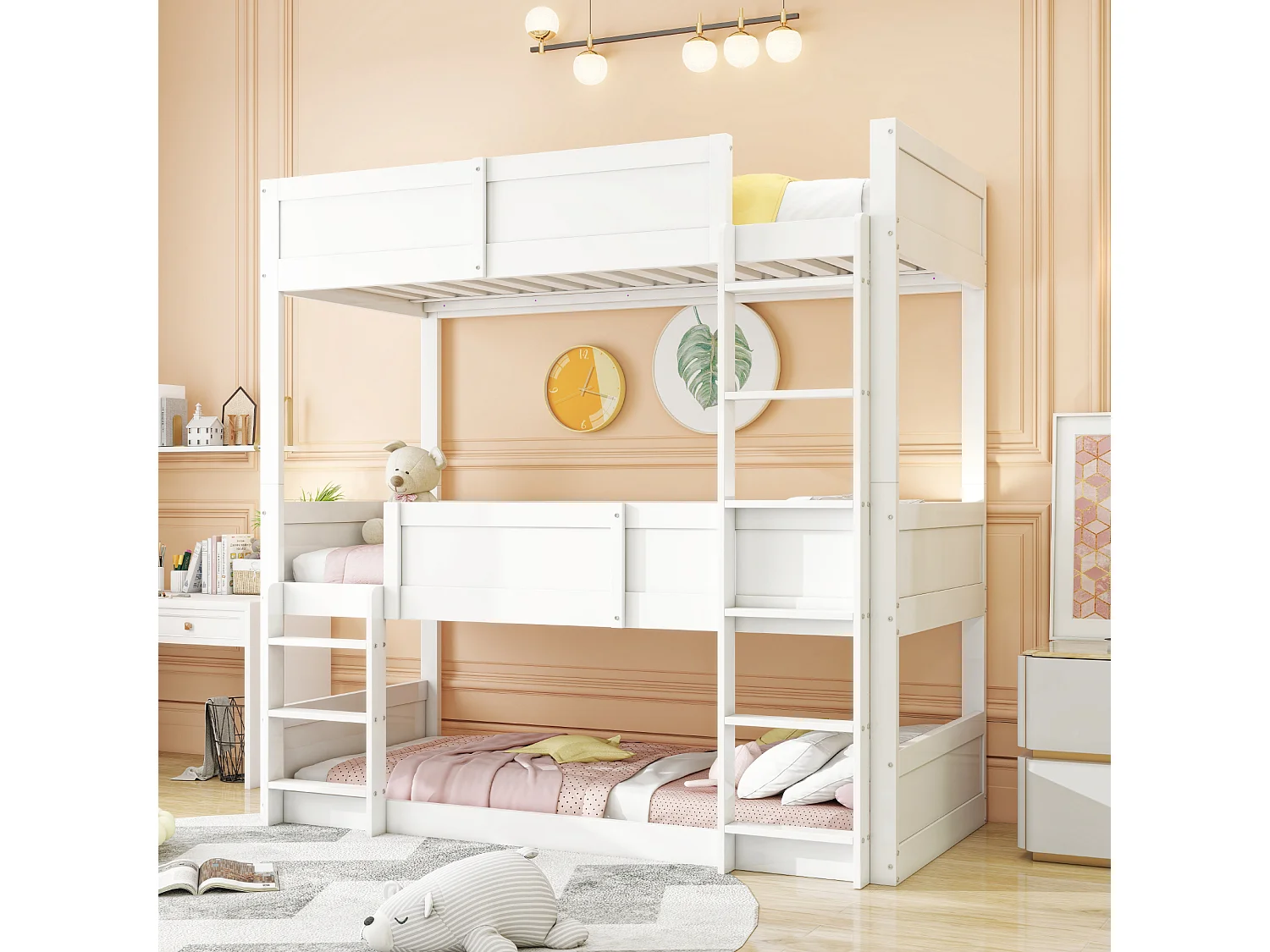 Litera triple 90x200 cm, láminas de madera maciza, estructura de madera, diseño con barandillas altas, color blanco (205x95x191 cm)