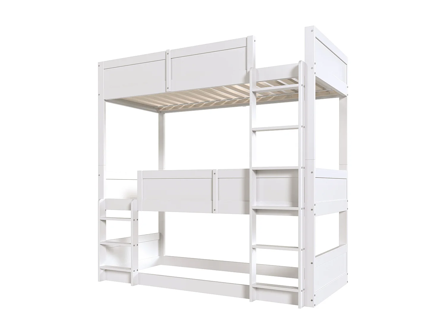 Litera triple 90x200 cm, láminas de madera maciza, estructura de madera, diseño con barandillas altas, color blanco (205x95x191 cm)