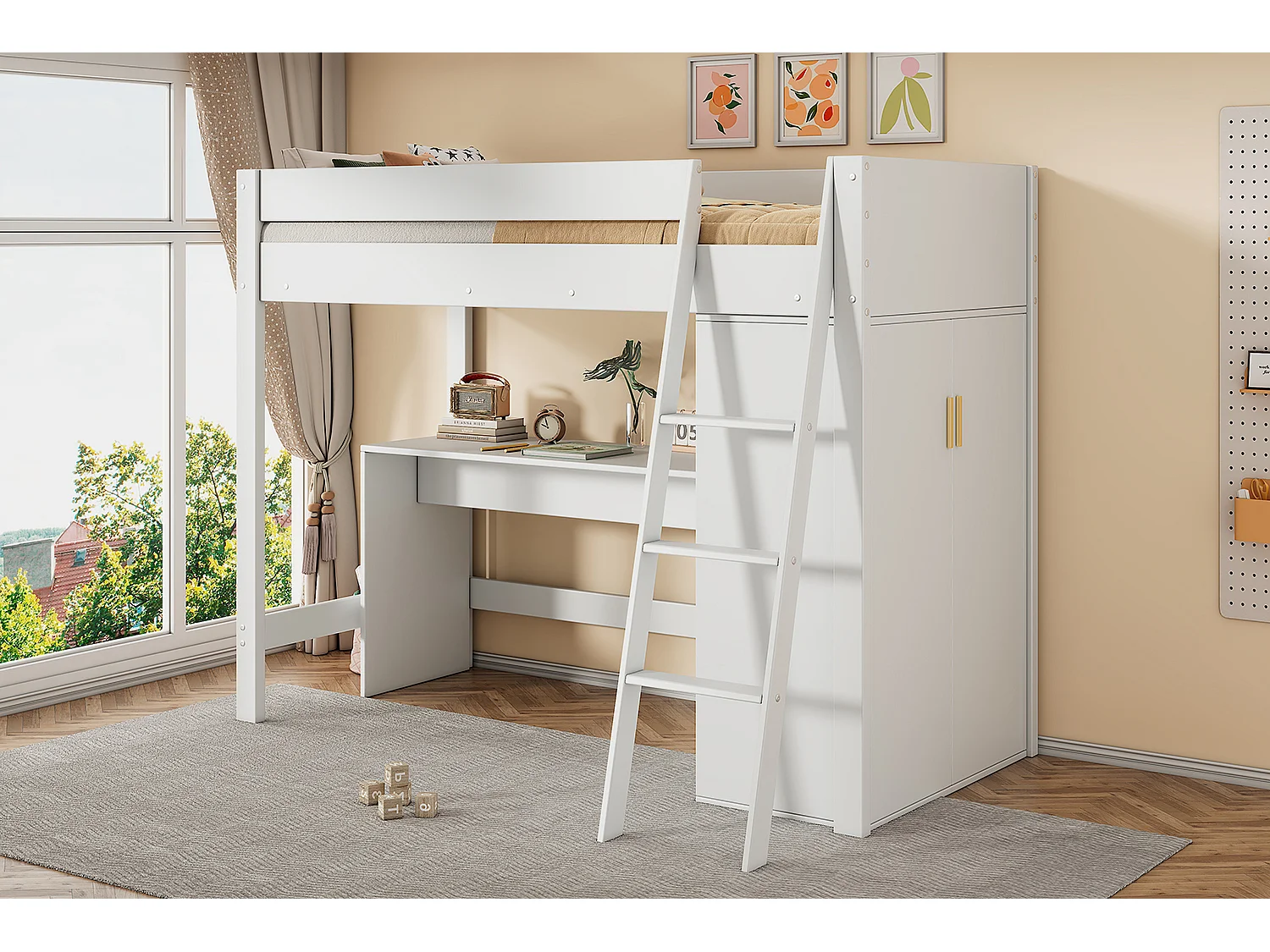 Lit superposé pour enfant, multifonction avec bureau et armoire, bois massif, 90x200 cm (dimensions : 151.13x59.69x12.07 cm)