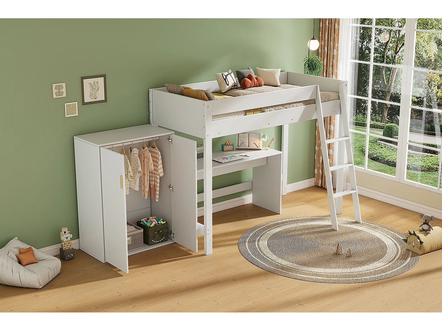 Lit superposé pour enfant, multifonction avec bureau et armoire, bois massif, 90x200 cm (dimensions : 151.13x59.69x12.07 cm)