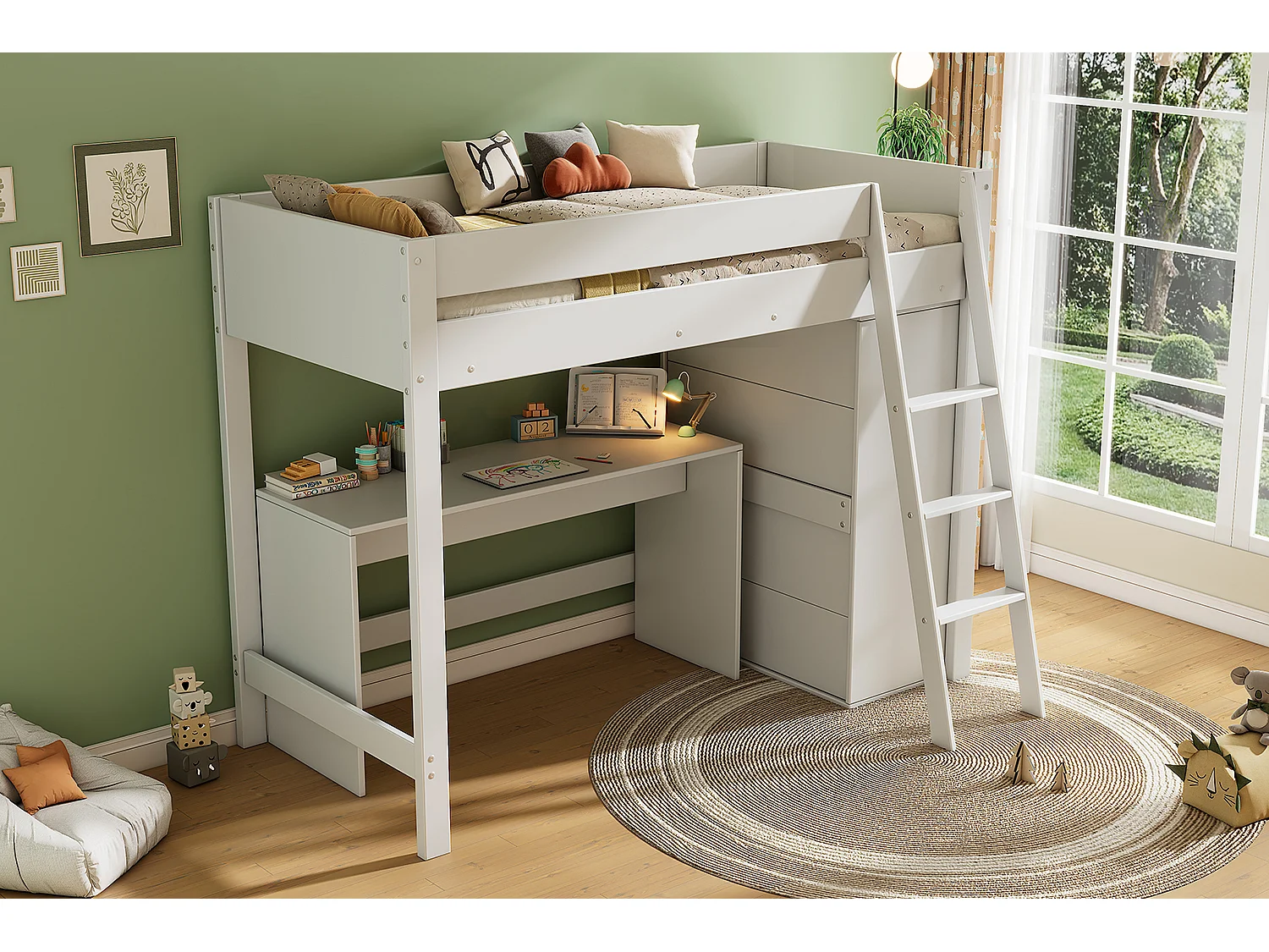 Lit superposé pour enfant, multifonction avec bureau et armoire, bois massif, 90x200 cm (dimensions : 151.13x59.69x12.07 cm)