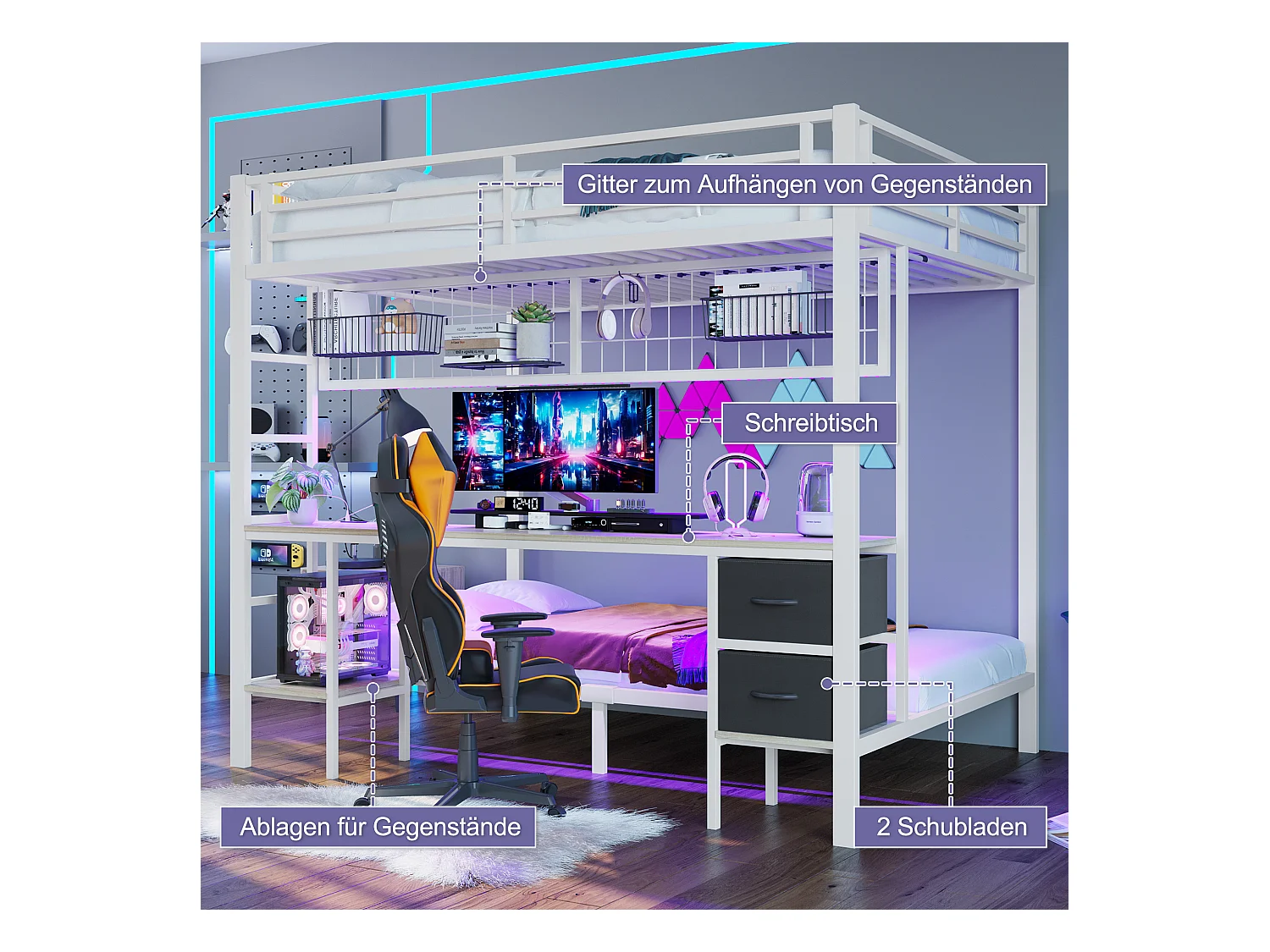 Lit superposé avec bureau, tiroirs, étagères, porteur d'objets, cadre en métal, avec LED 7 couleurs, USB, blanc (204x145x180 cm)