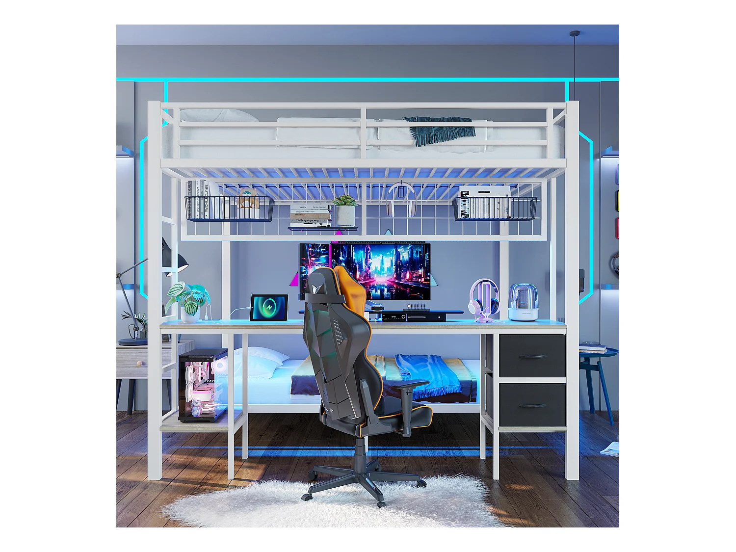 Lit superposé avec bureau, tiroirs, étagères, porteur d'objets, cadre en métal, avec LED 7 couleurs, USB, blanc (204x145x180 cm)