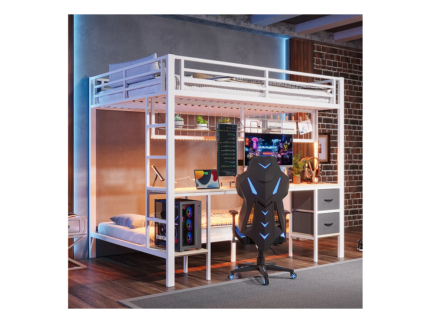 Lit superposé avec bureau, tiroirs, étagères, porteur d'objets, cadre en métal, avec LED 7 couleurs, USB, blanc (204x145x180 cm)