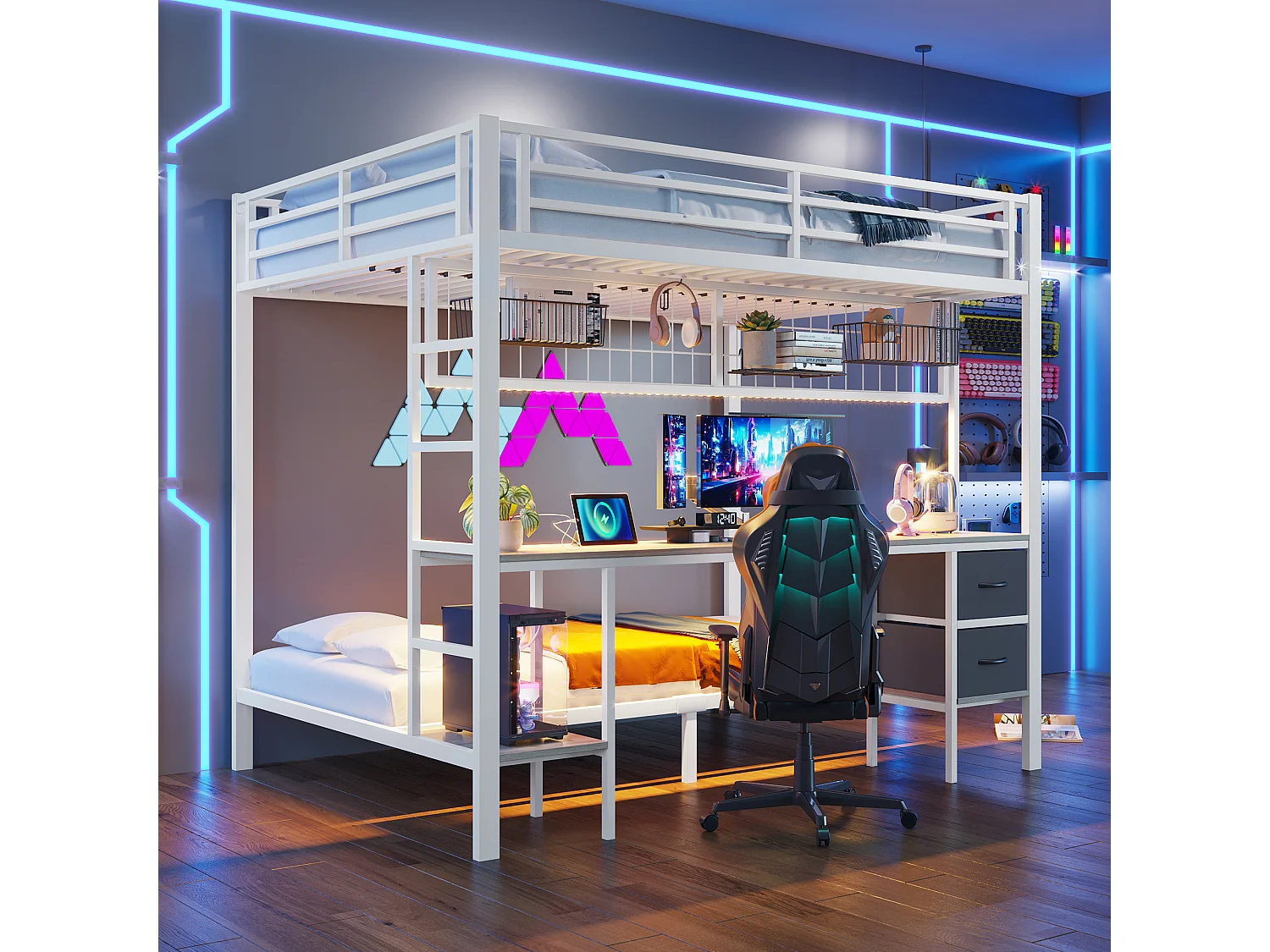 Letto a castello con scrivania, cassetti, ripiani, ripiano portaoggetti, struttura in metallo, con LED a 7 colori, USB, bianco (204x145x180 cm)