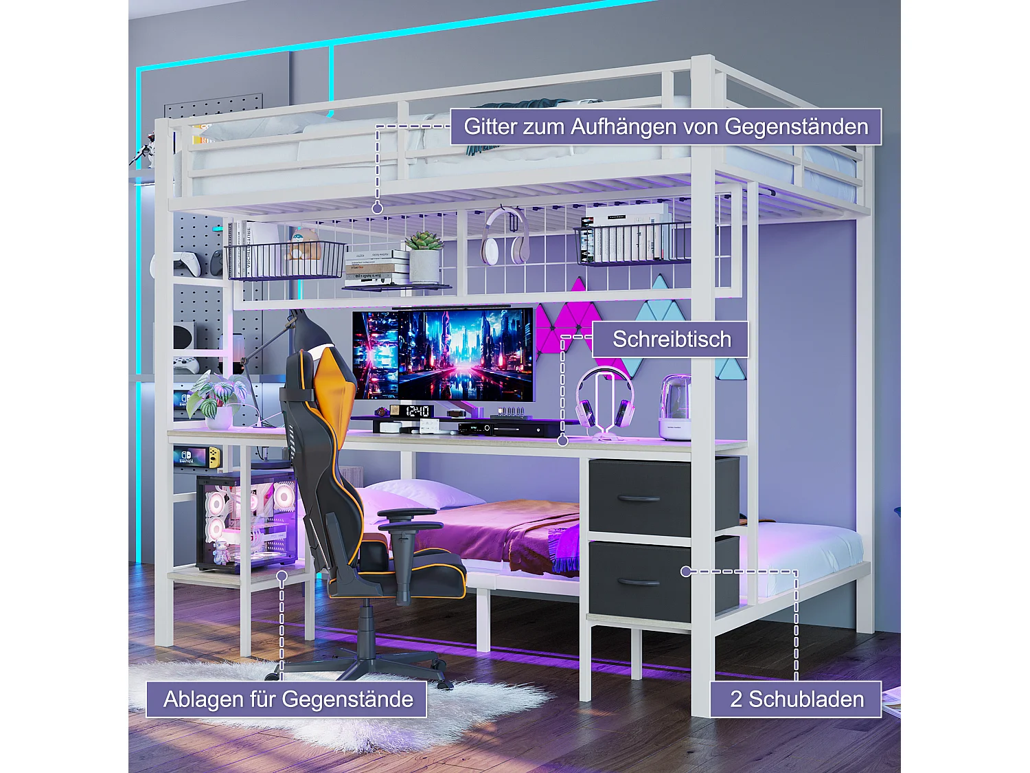 Lit superposé avec bureau, tiroirs, étagères, porteur d'objets, cadre en métal, avec LED 7 couleurs, USB, blanc (204x145x180 cm)