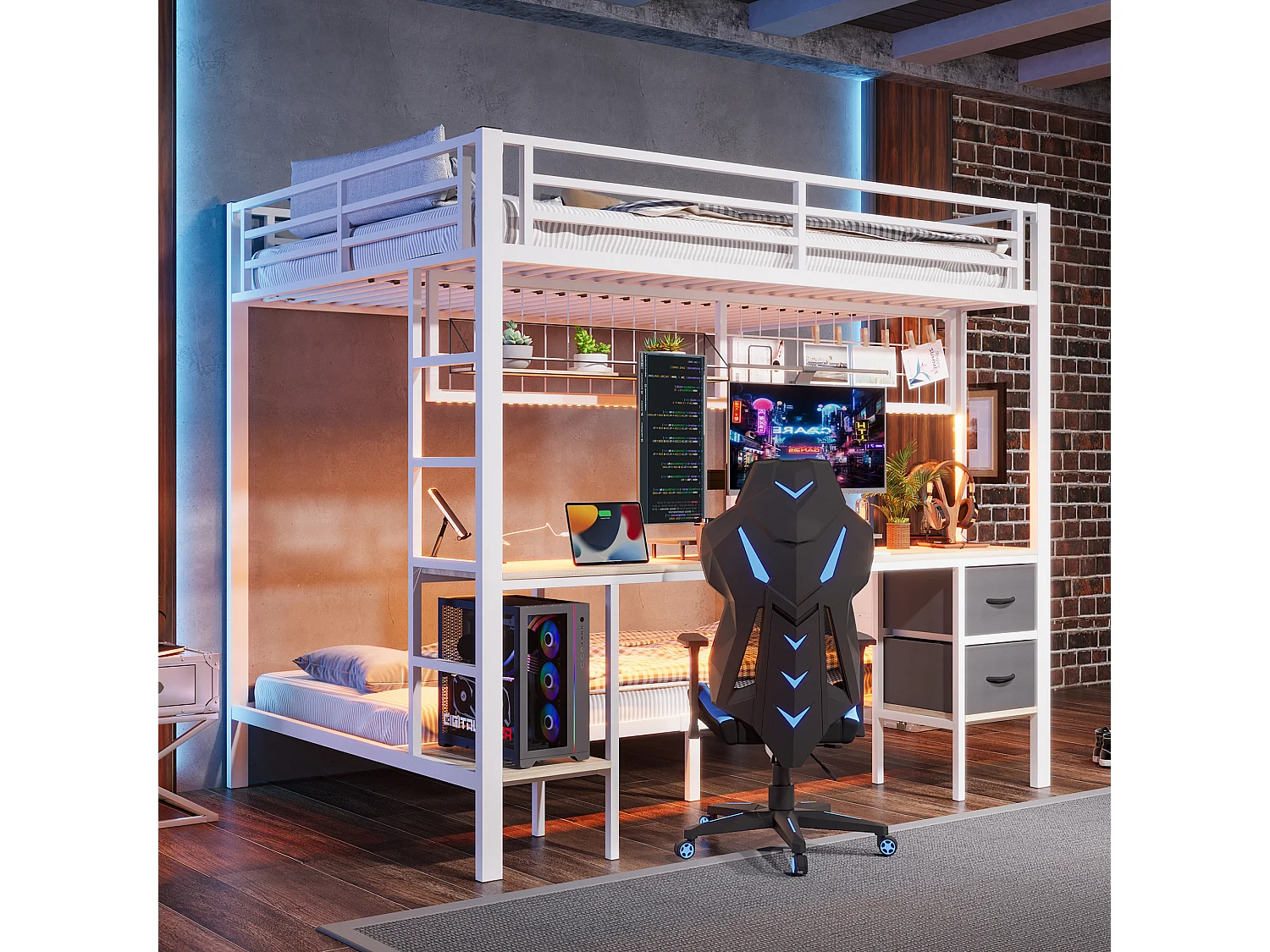 Lit superposé avec bureau, tiroirs, étagères, porteur d'objets, cadre en métal, avec LED 7 couleurs, USB, blanc (204x145x180 cm)