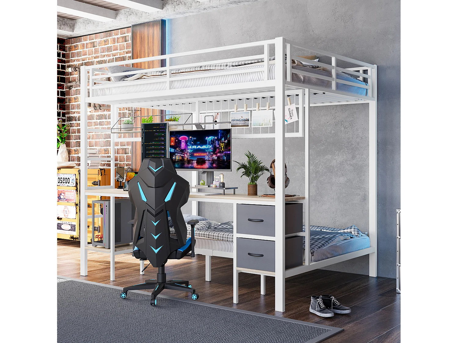 Lit superposé avec bureau, tiroirs, étagères, porteur d'objets, cadre en métal, avec LED 7 couleurs, USB, blanc (204x145x180 cm)