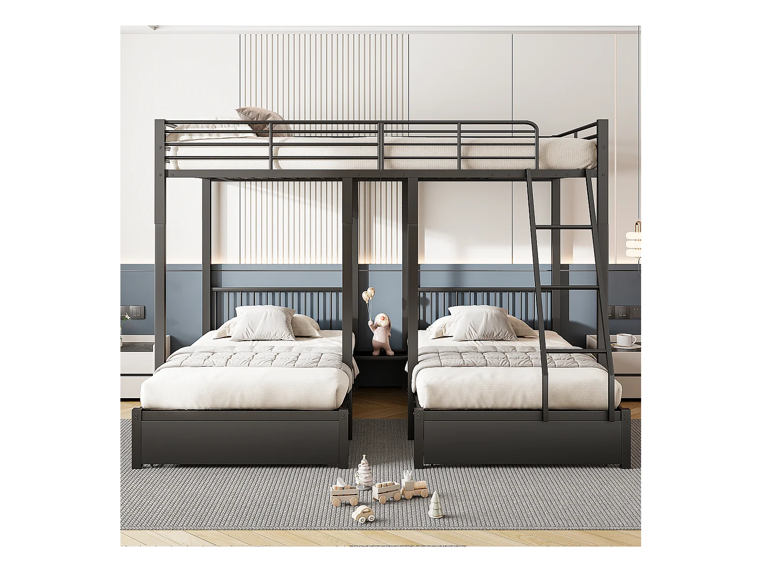 Lit superposé triple avec tiroirs, cadre métallique modulable en lit double 140x200 et deux lits simples 90x200, multifonctionnel, noir (246x206x177.8cm)