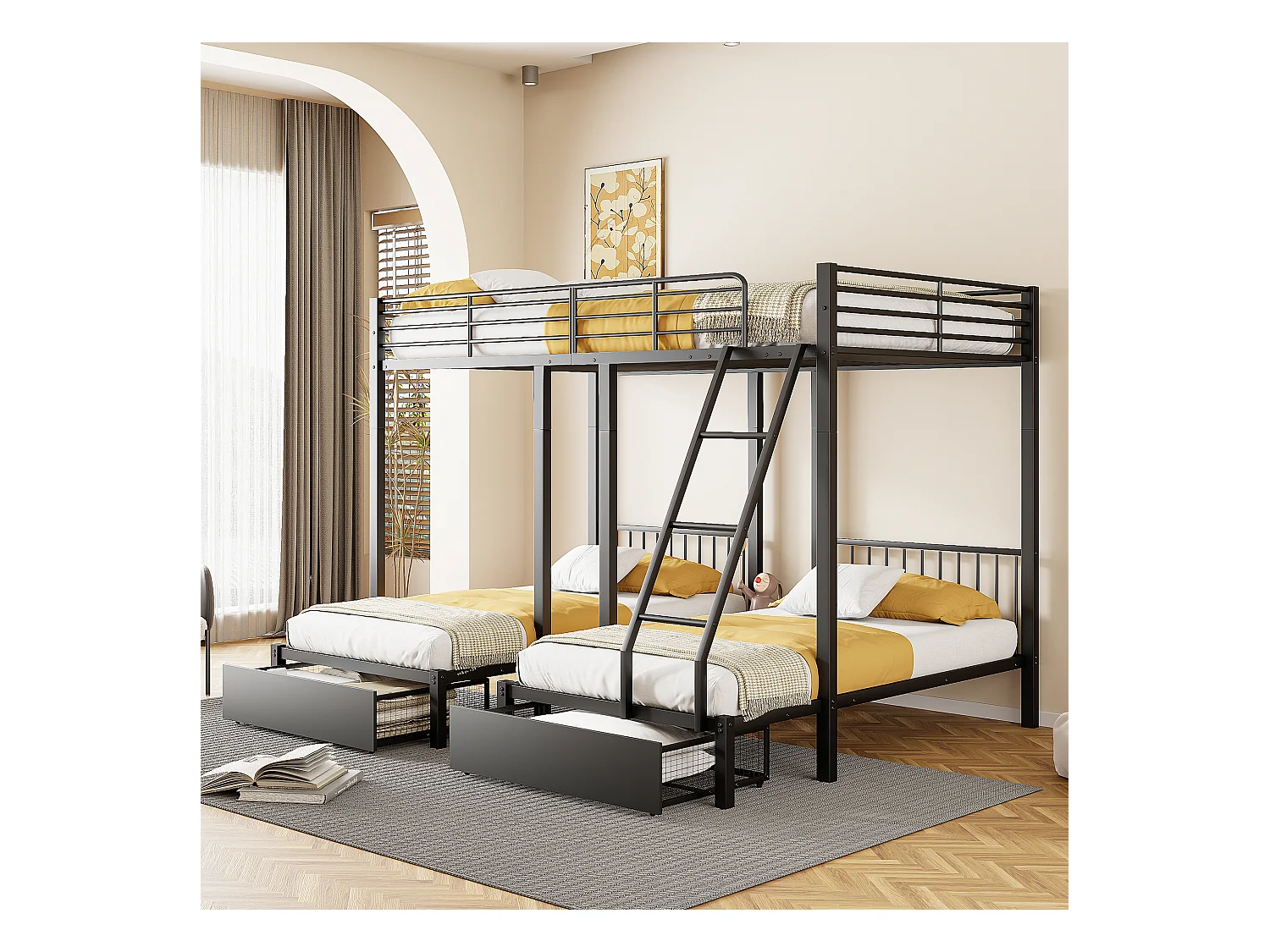 Lit superposé triple avec tiroirs, cadre métallique modulable en lit double 140x200 et deux lits simples 90x200, multifonctionnel, noir (246x206x177.8cm)