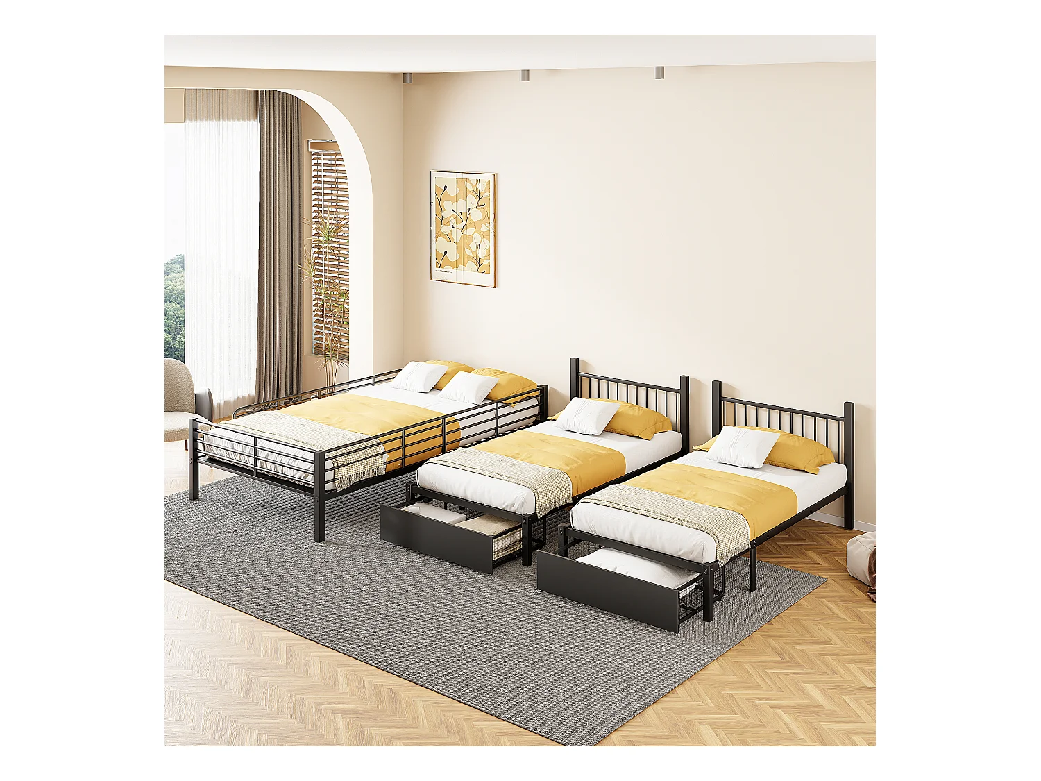Lit superposé triple avec tiroirs, cadre métallique modulable en lit double 140x200 et deux lits simples 90x200, multifonctionnel, noir (246x206x177.8cm)