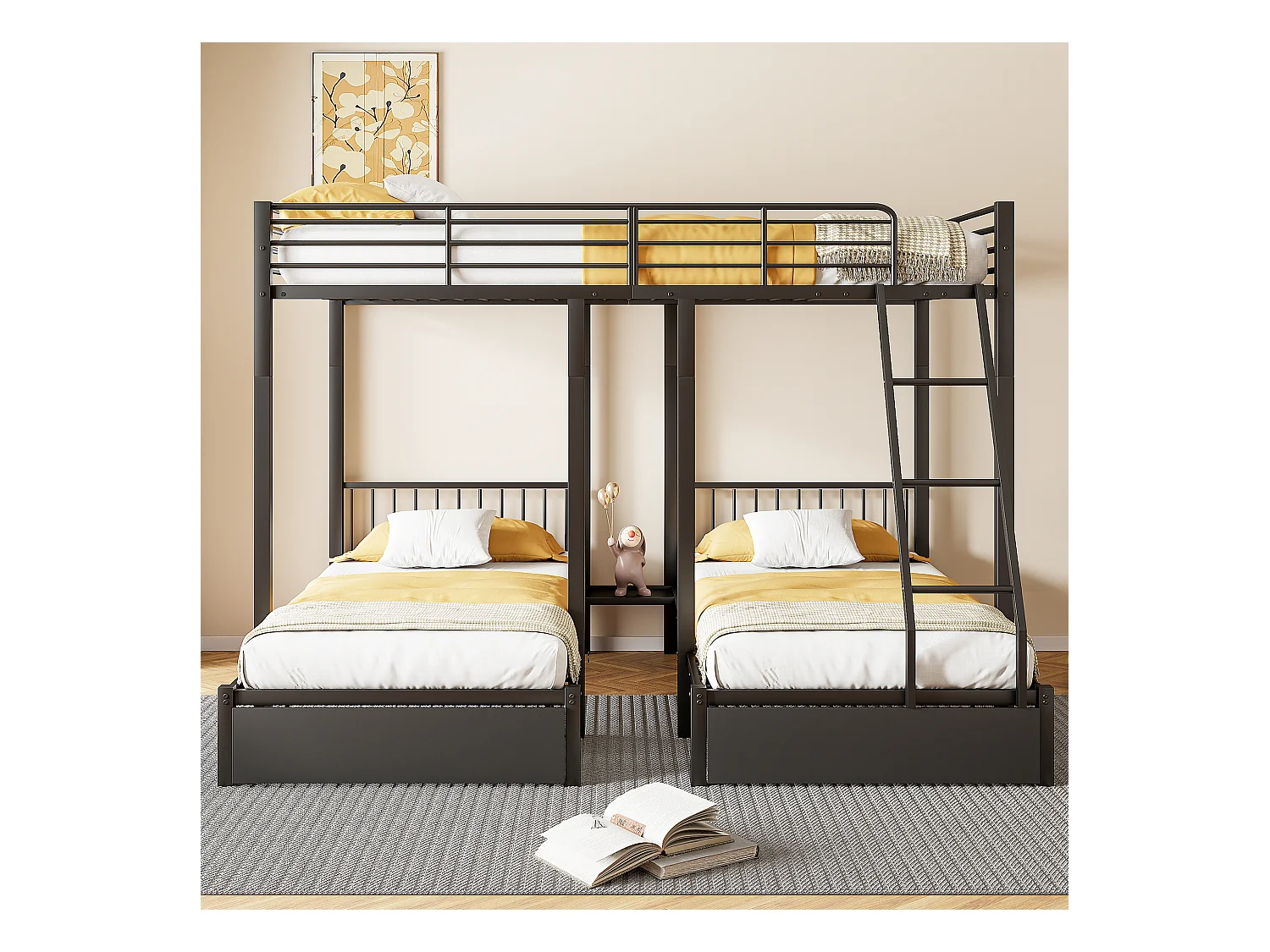 Lit superposé triple avec tiroirs, cadre métallique modulable en lit double 140x200 et deux lits simples 90x200, multifonctionnel, noir (246x206x177.8cm)