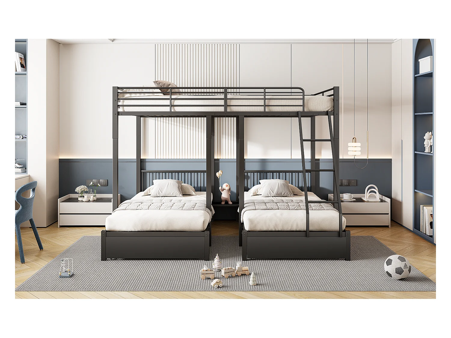 Lit superposé triple avec tiroirs, cadre métallique modulable en lit double 140x200 et deux lits simples 90x200, multifonctionnel, noir (246x206x177.8cm)