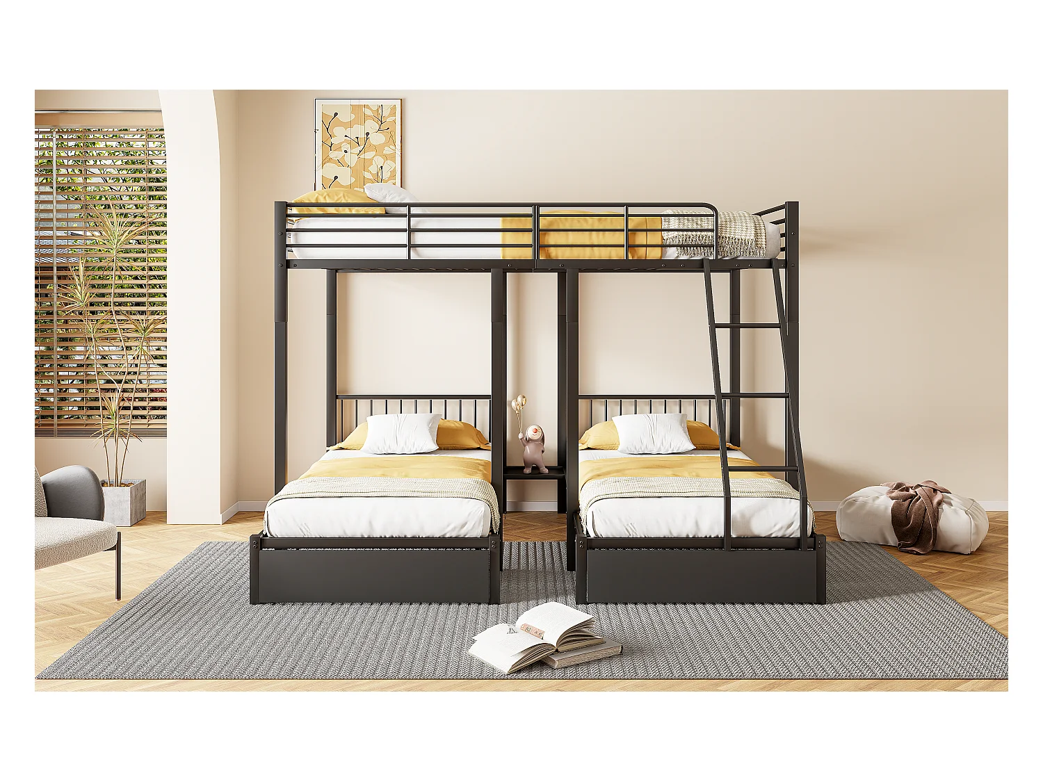 Lit superposé triple avec tiroirs, cadre métallique modulable en lit double 140x200 et deux lits simples 90x200, multifonctionnel, noir (246x206x177.8cm)