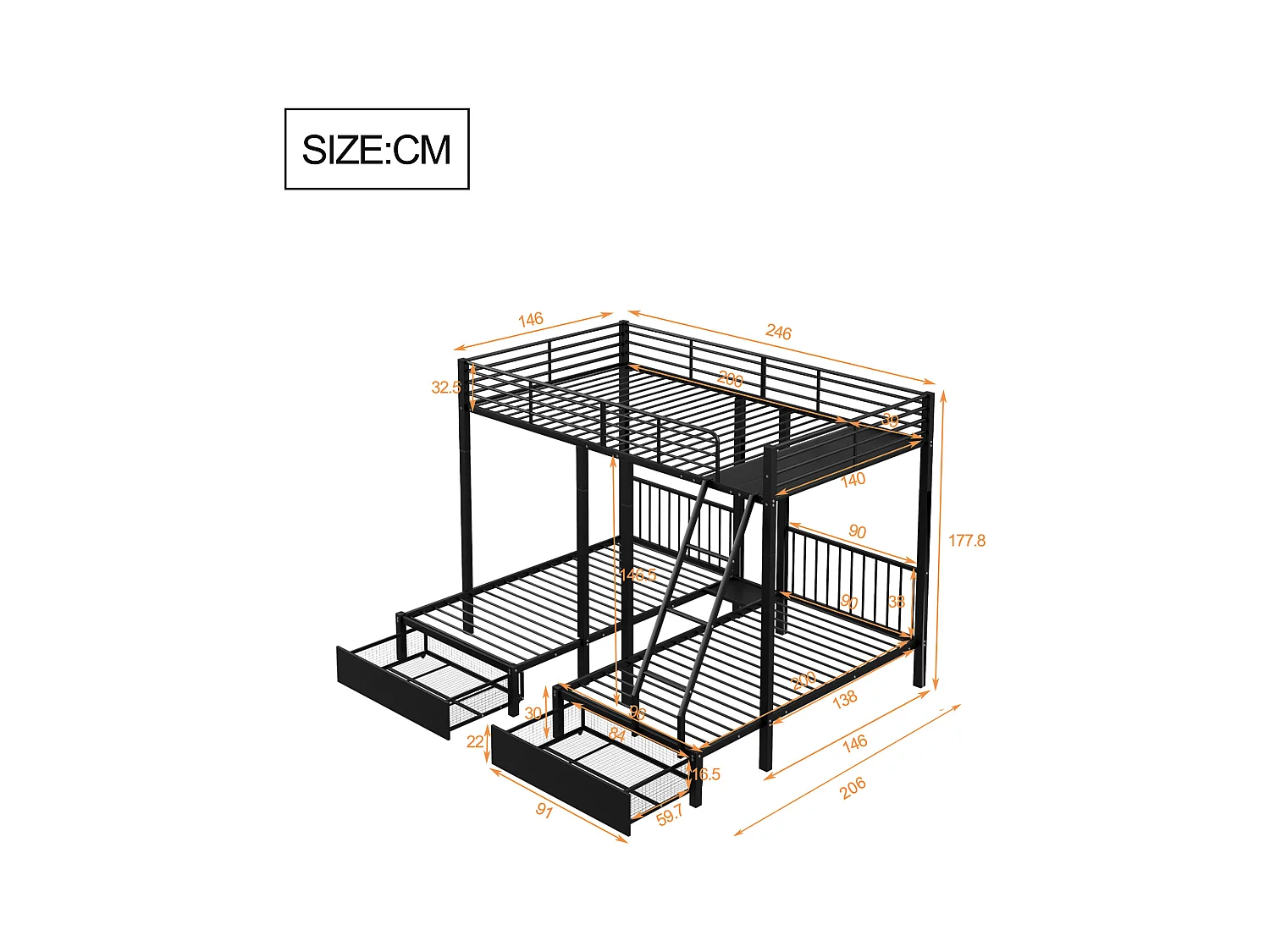 Lit superposé triple avec tiroirs, cadre métallique modulable en lit double 140x200 et deux lits simples 90x200, multifonctionnel, noir (246x206x177.8cm)