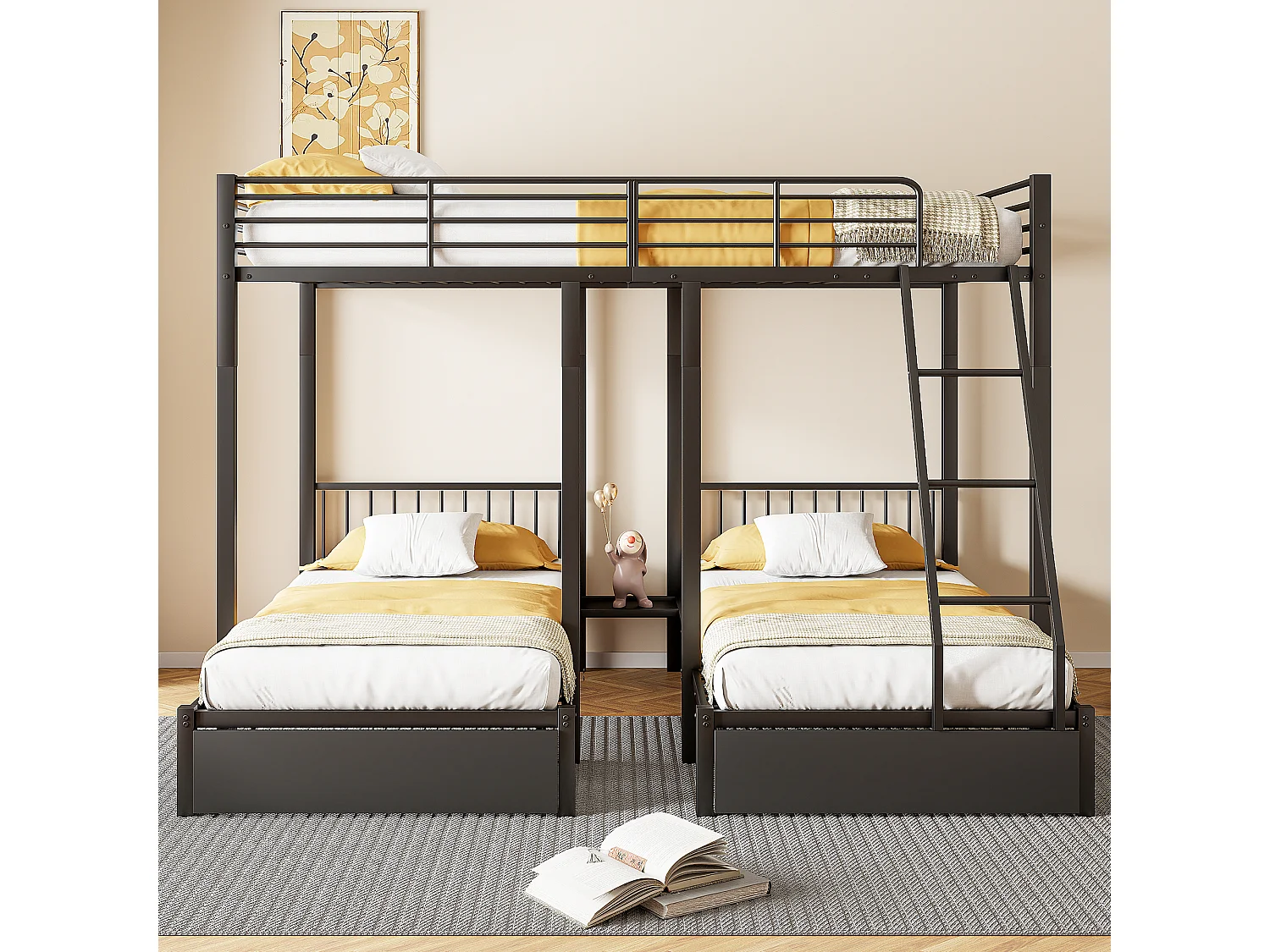 Lit superposé triple avec tiroirs, cadre métallique modulable en lit double 140x200 et deux lits simples 90x200, multifonctionnel, noir (246x206x177.8cm)