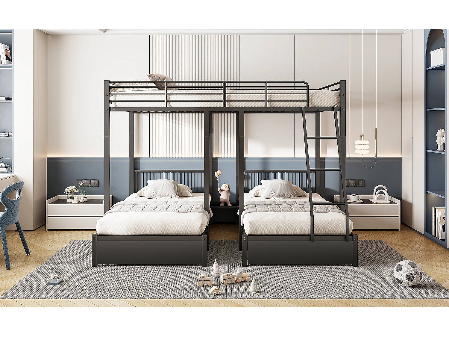 Lit superposé triple avec tiroirs, cadre métallique modulable en lit double 140x200 et deux lits simples 90x200, multifonctionnel, noir (246x206x177.8cm)