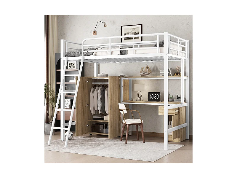 Letto a castello in metallo con tavolo e armadio, ripiani e 4 ripiani, bianco e legno naturale, 90x200 cm