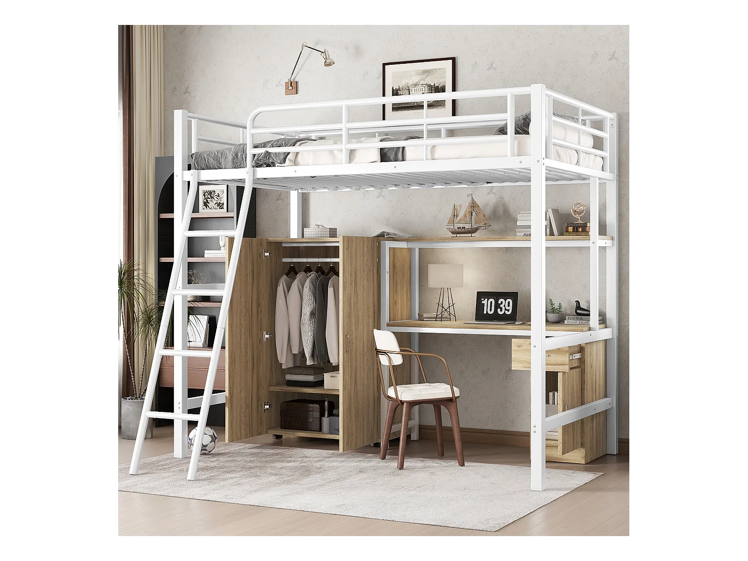 Lit superposé en métal avec table et armoire, étagères et 4 étages, blanc et bois naturel, 90x200 cm