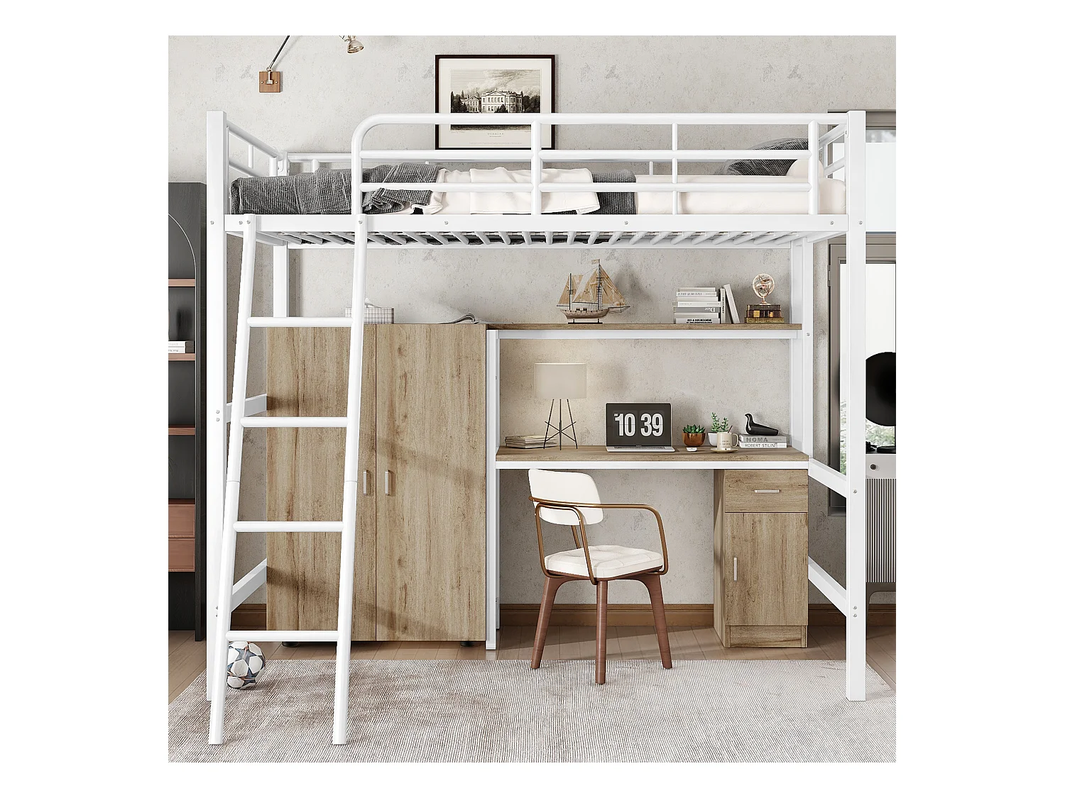 Lit superposé en métal avec table et armoire, étagères et 4 étages, blanc et bois naturel, 90x200 cm