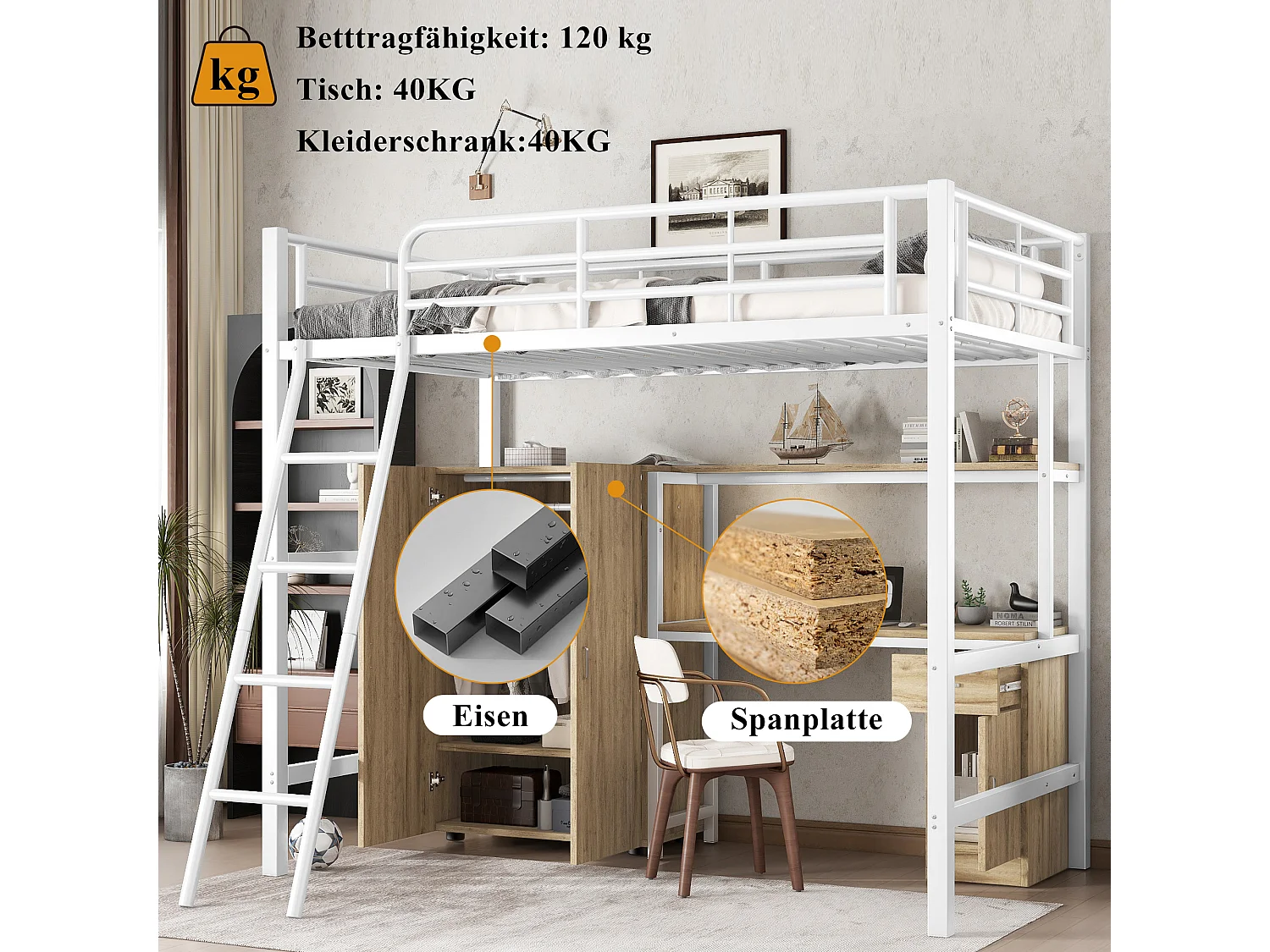 Lit superposé en métal avec table et armoire, étagères et 4 étages, blanc et bois naturel, 90x200 cm