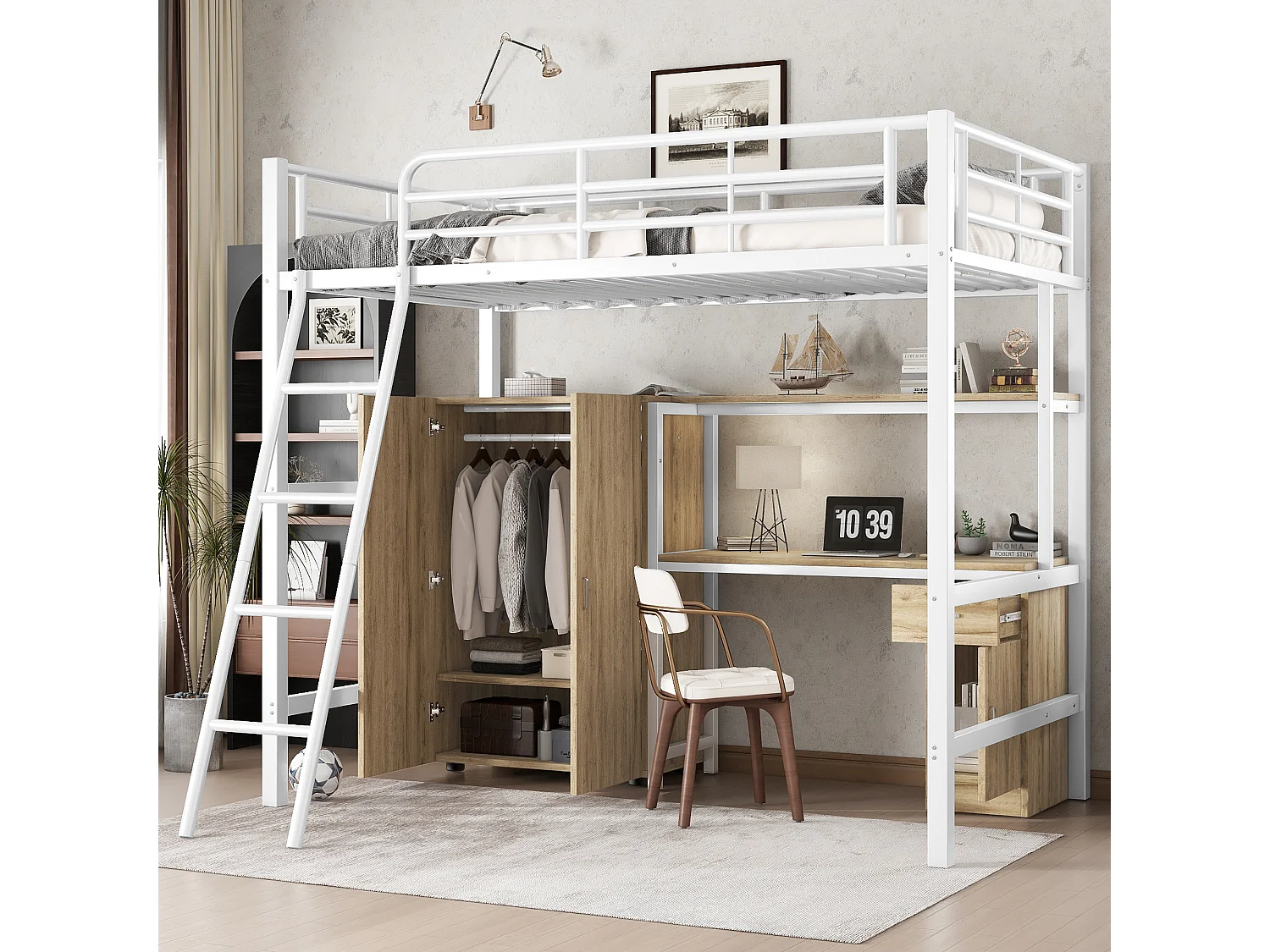 Lit superposé en métal avec table et armoire, étagères et 4 étages, blanc et bois naturel, 90x200 cm