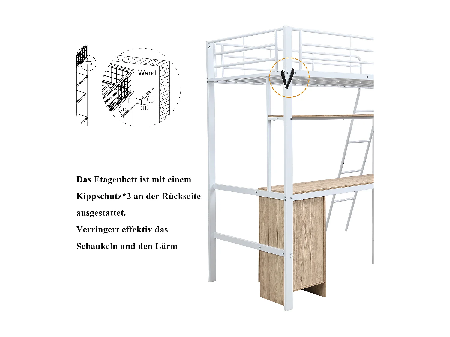 Lit superposé en métal avec table et armoire, étagères et 4 étages, blanc et bois naturel, 90x200 cm
