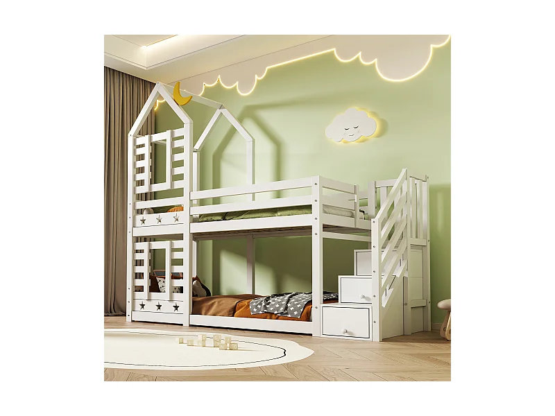 Litera en forma de casa con cajones y protección anticaídas, 90x200 cm, madera maciza, color blanco (257x96x217 cm)