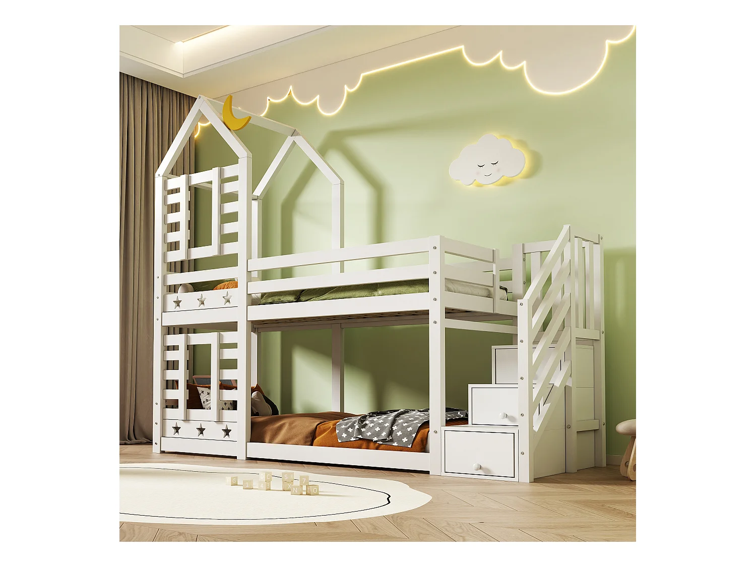 Letto a castello a forma di casa con cassetti e protezione anticaduta, 90x200 cm, legno massello, bianco (257x96x217 cm)