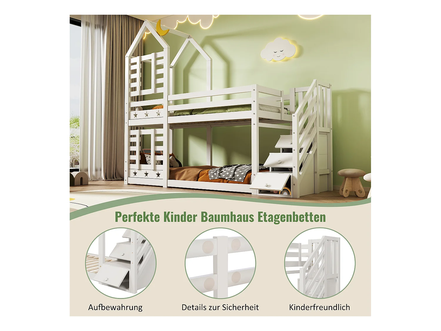 Letto a castello a forma di casa con cassetti e protezione anticaduta, 90x200 cm, legno massello, bianco (257x96x217 cm)