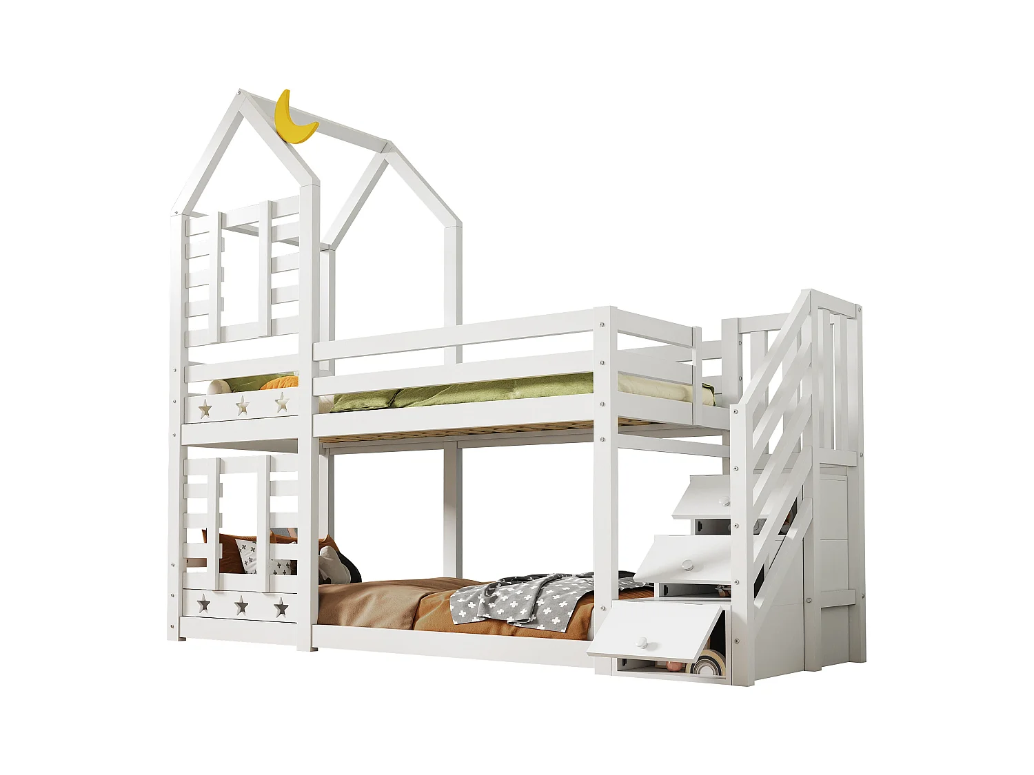 Letto a castello a forma di casa con cassetti e protezione anticaduta, 90x200 cm, legno massello, bianco (257x96x217 cm)