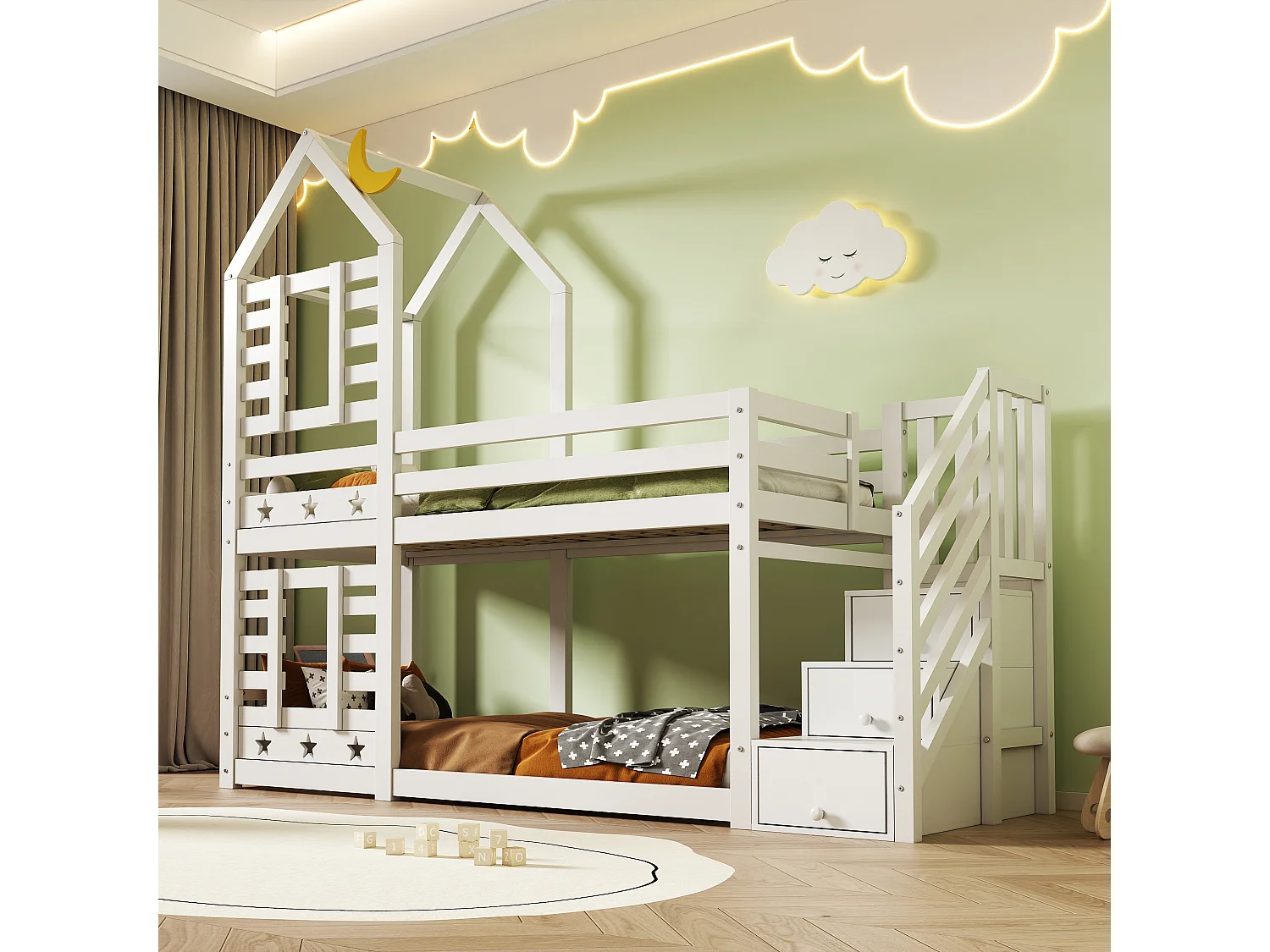 Lit superposé en forme de maison, avec tiroirs et protection contre les chutes, 90x200 cm, bois massif, blanc (257x96x217 cm)