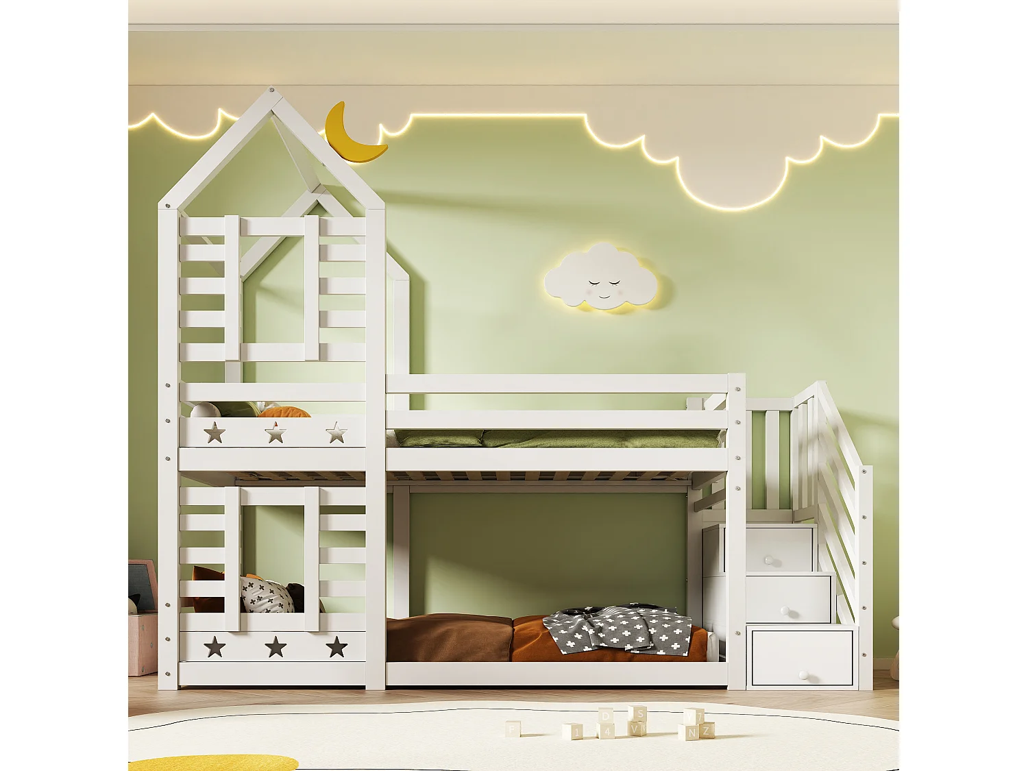 Lit superposé en forme de maison, avec tiroirs et protection contre les chutes, 90x200 cm, bois massif, blanc (257x96x217 cm)