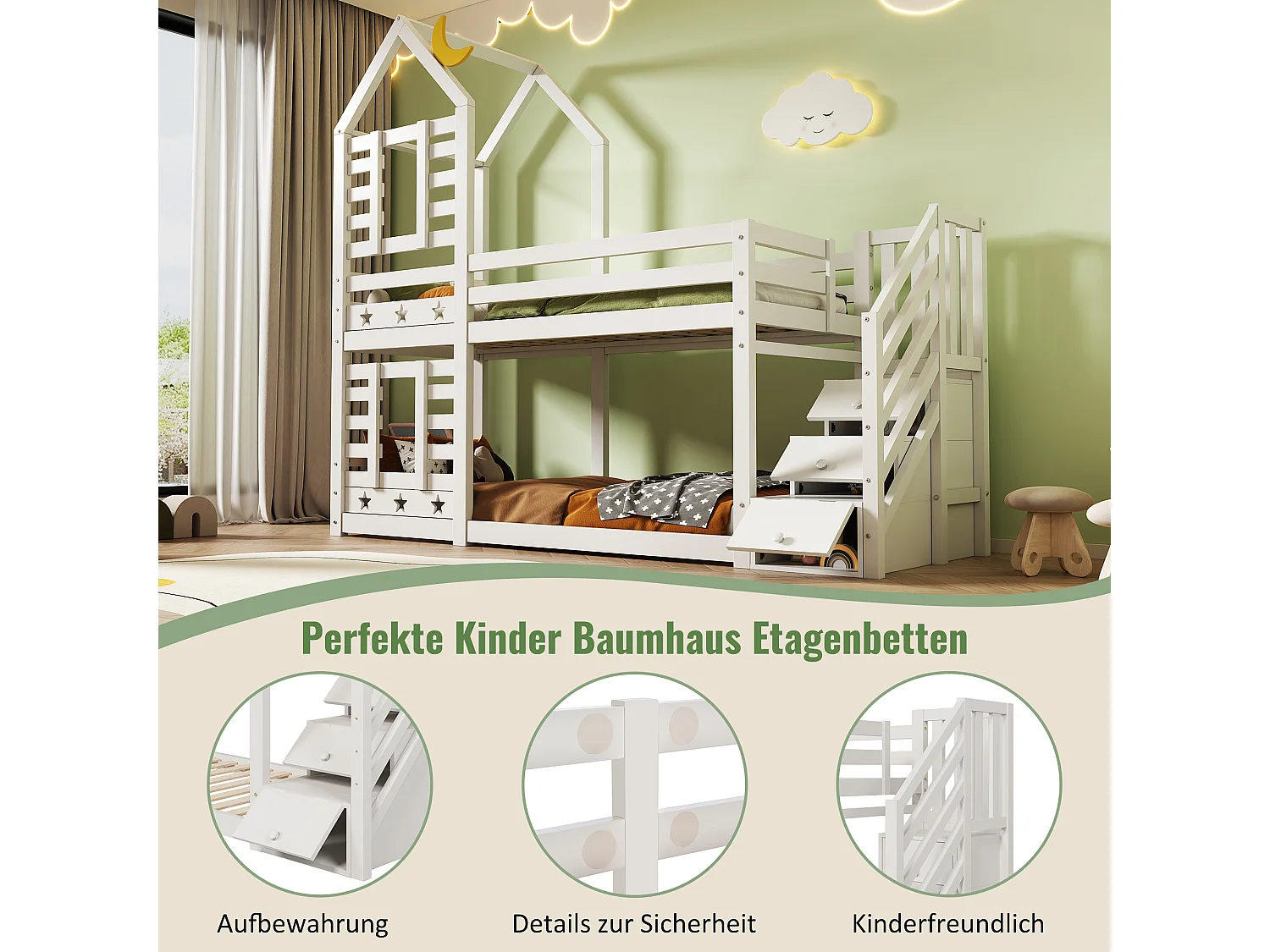 Lit superposé en forme de maison, avec tiroirs et protection contre les chutes, 90x200 cm, bois massif, blanc (257x96x217 cm)