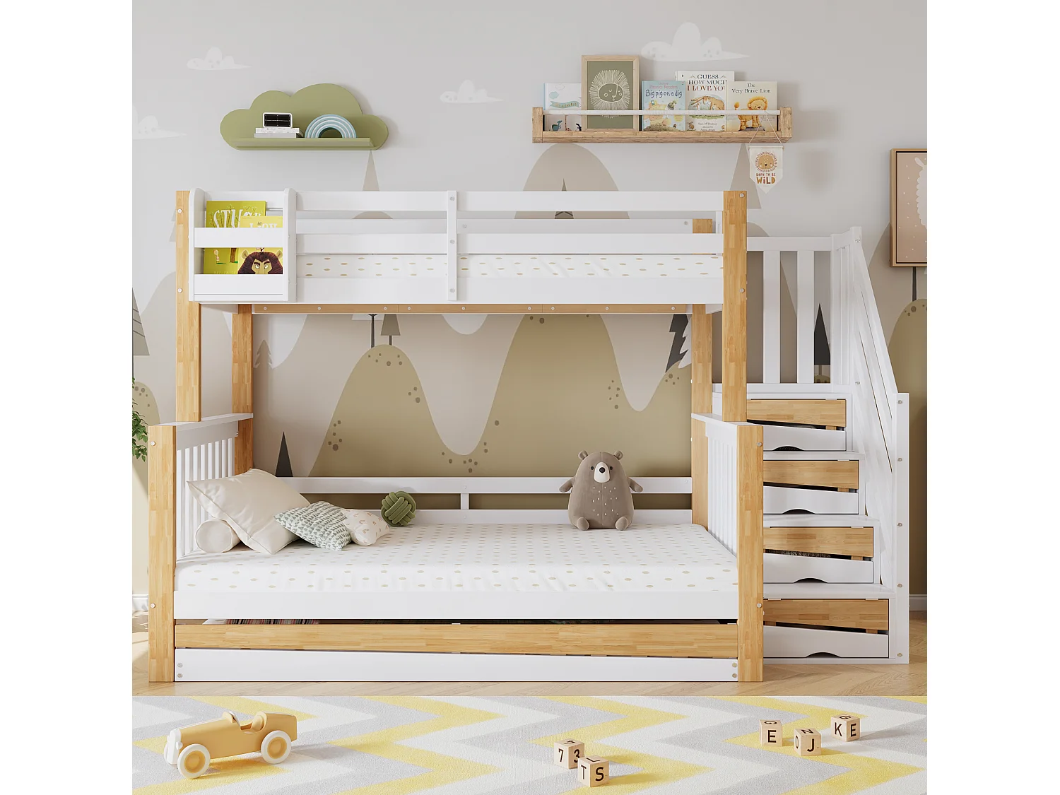 Litera con escalera, cama rodante, barandilla y diseño especial, madera maciza y MDF, color blanco y natural (254x216,5x165 cm)