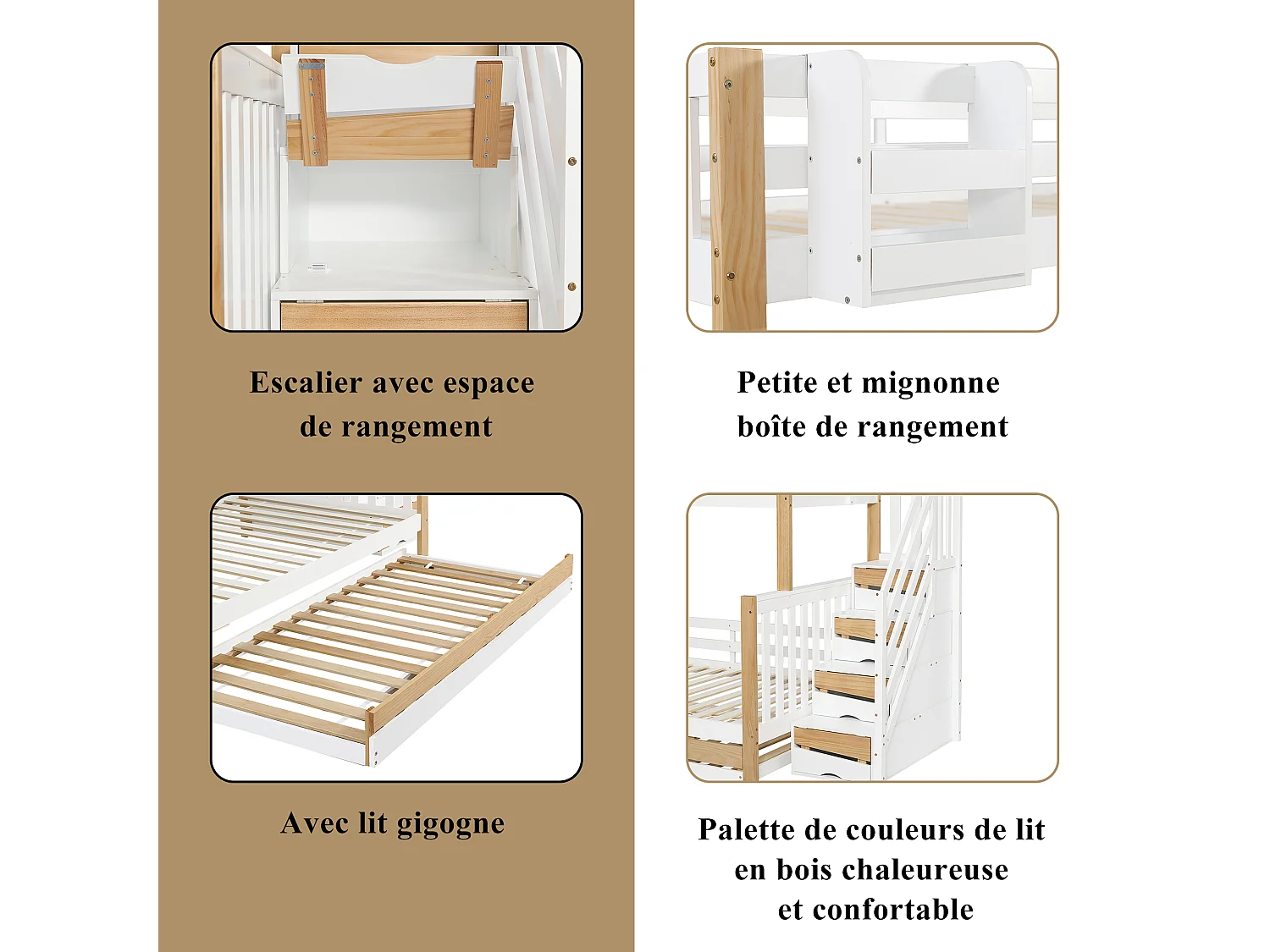 Litera con escalera, cama rodante, barandilla y diseño especial, madera maciza y MDF, color blanco y natural (254x216,5x165 cm)