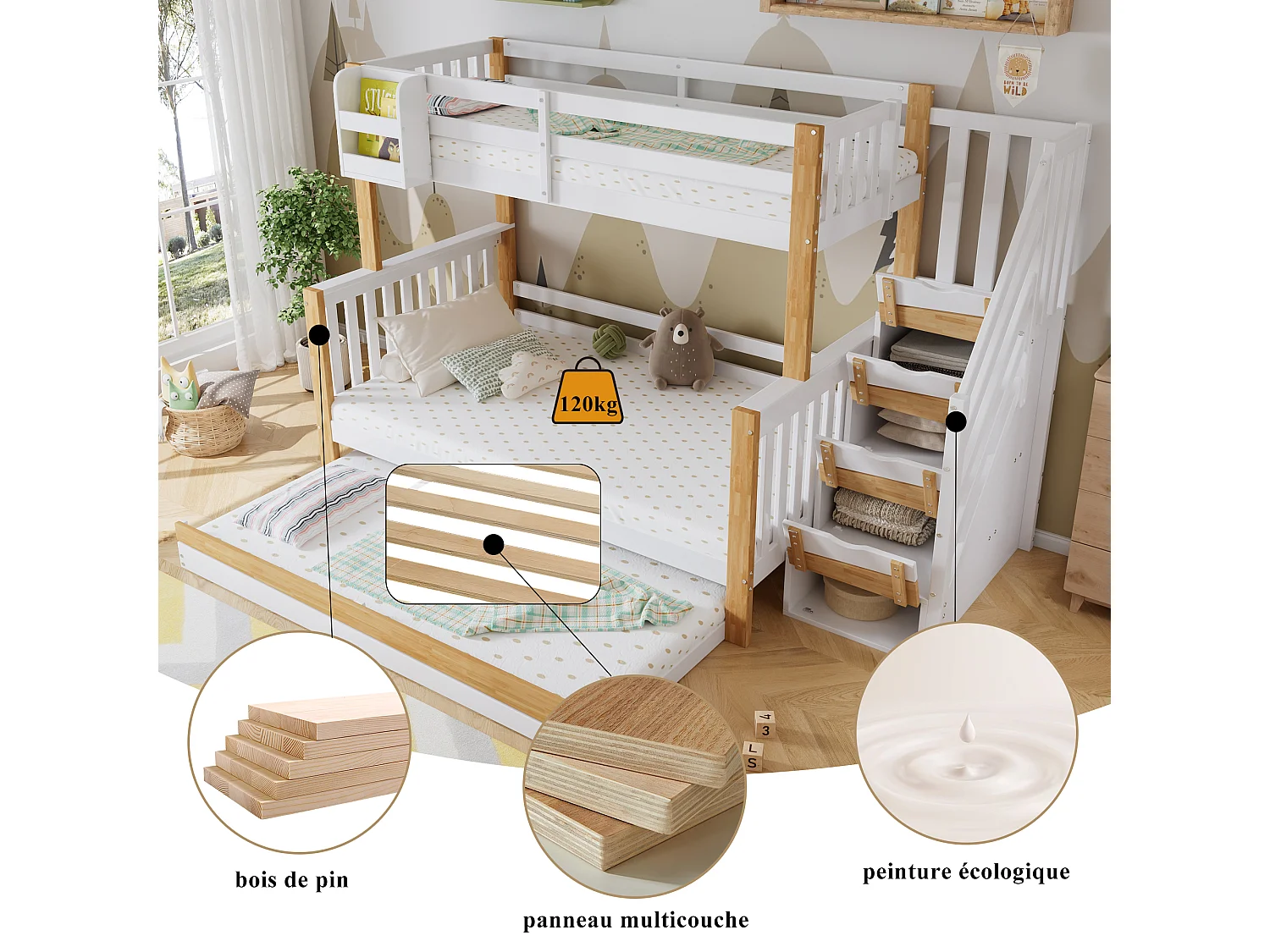 Litera con escalera, cama rodante, barandilla y diseño especial, madera maciza y MDF, color blanco y natural (254x216,5x165 cm)