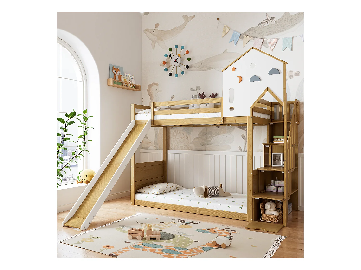 Lit superposé avec échelle d'angle, toit et fenêtres, avec rangement, cadre en pin, blanc et naturel (245x237x216.5 cm)