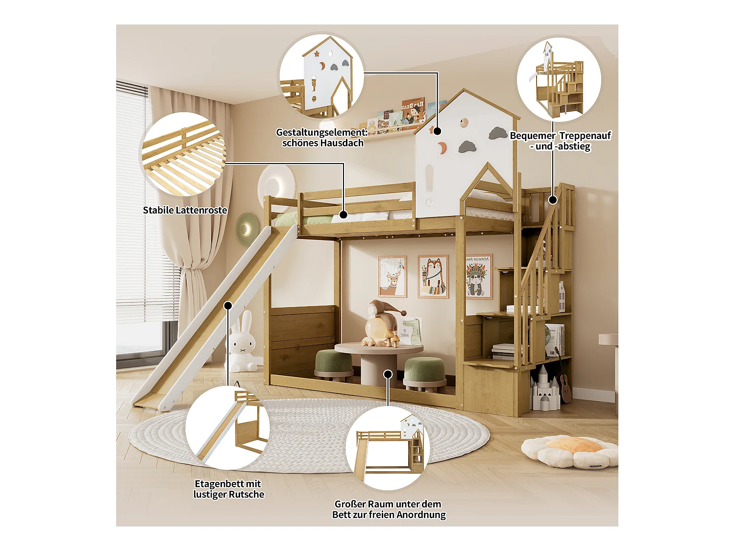 Lit superposé avec échelle d'angle, toit et fenêtres, avec rangement, cadre en pin, blanc et naturel (245x237x216.5 cm)