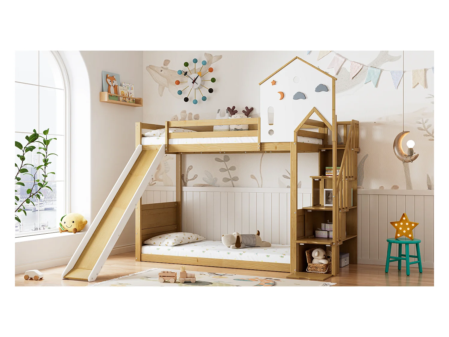 Lit superposé avec échelle d'angle, toit et fenêtres, avec rangement, cadre en pin, blanc et naturel (245x237x216.5 cm)