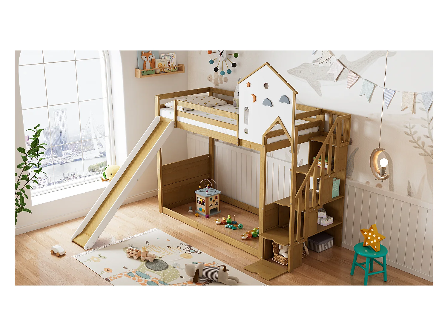 Lit superposé avec échelle d'angle, toit et fenêtres, avec rangement, cadre en pin, blanc et naturel (245x237x216.5 cm)